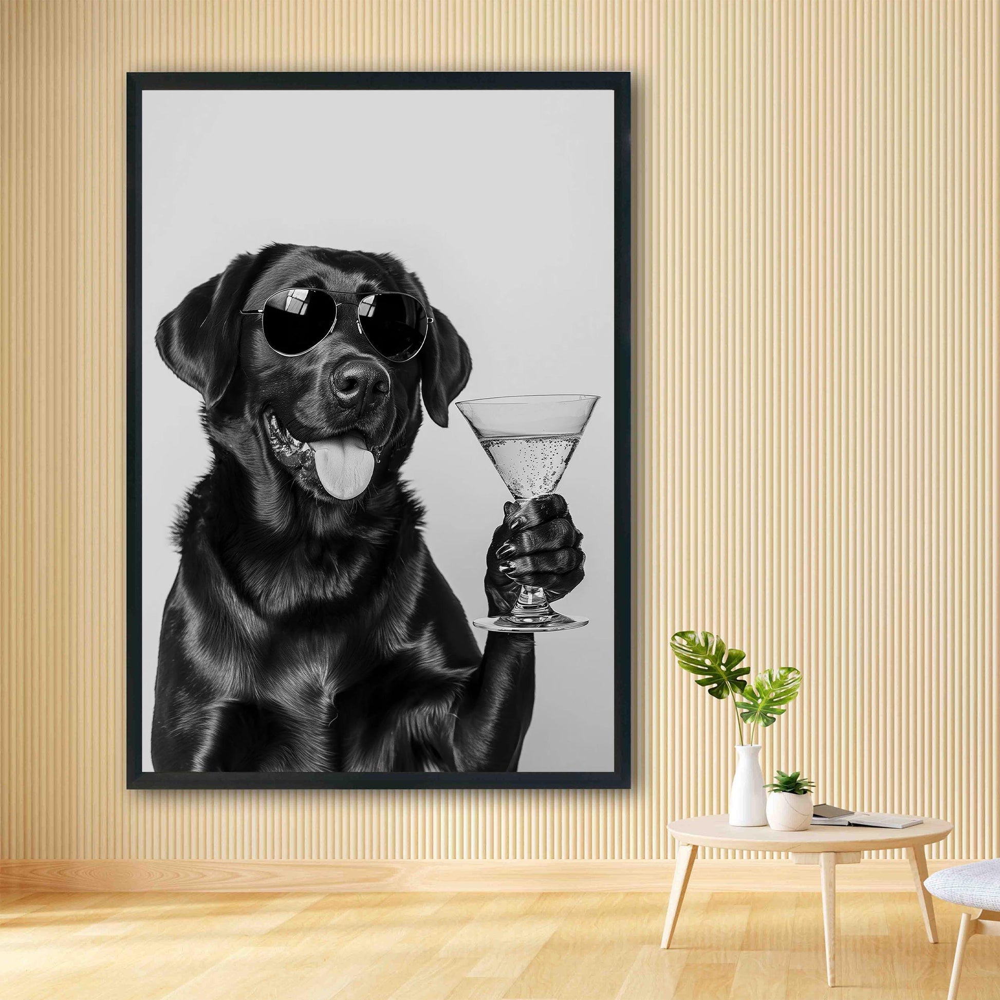 Black Lab Cocktail Print Funny Dog Martini Poster, Labrador Bar Cart Decor - Black and White Wall Art