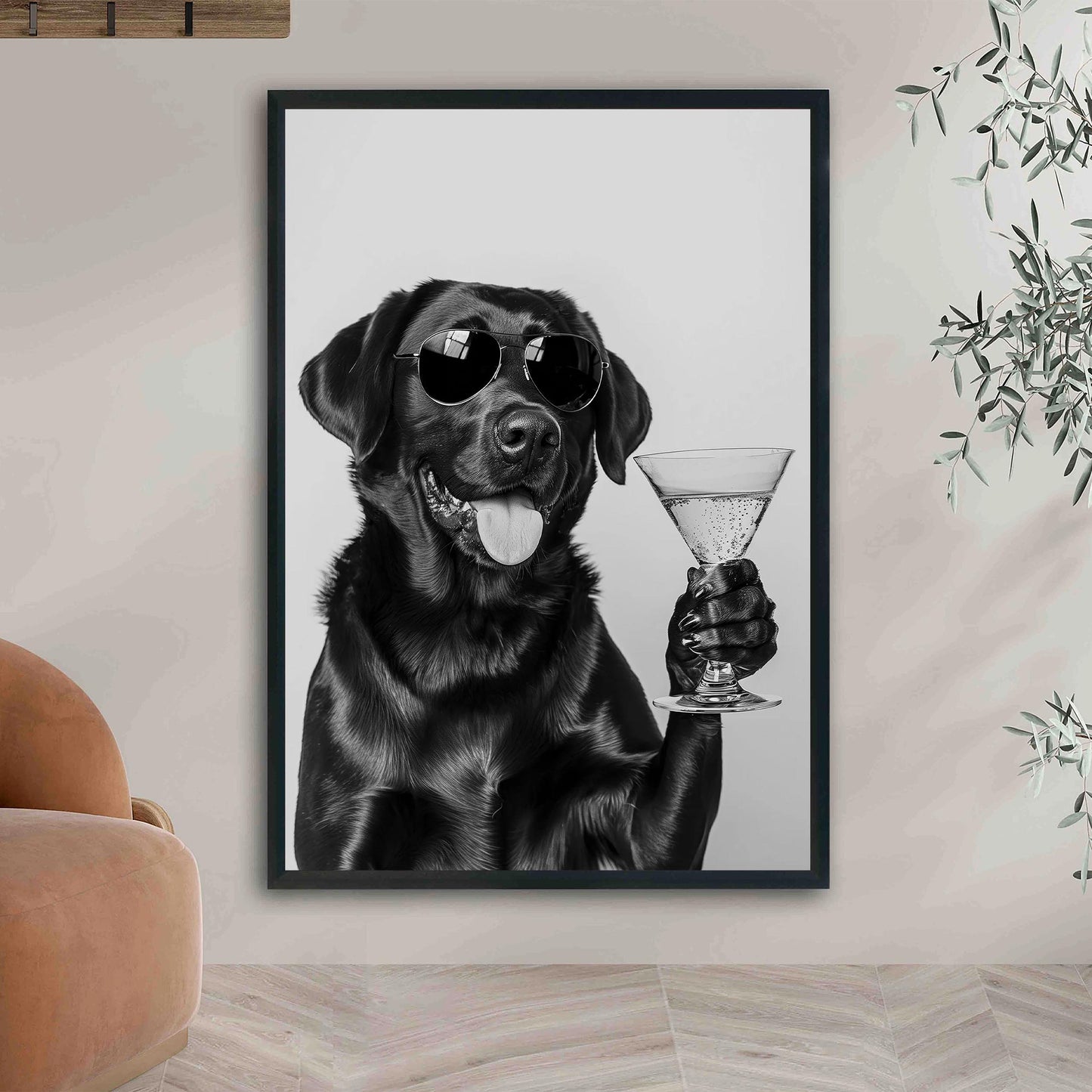 Black Lab Cocktail Print Funny Dog Martini Poster, Labrador Bar Cart Decor - Black and White Wall Art