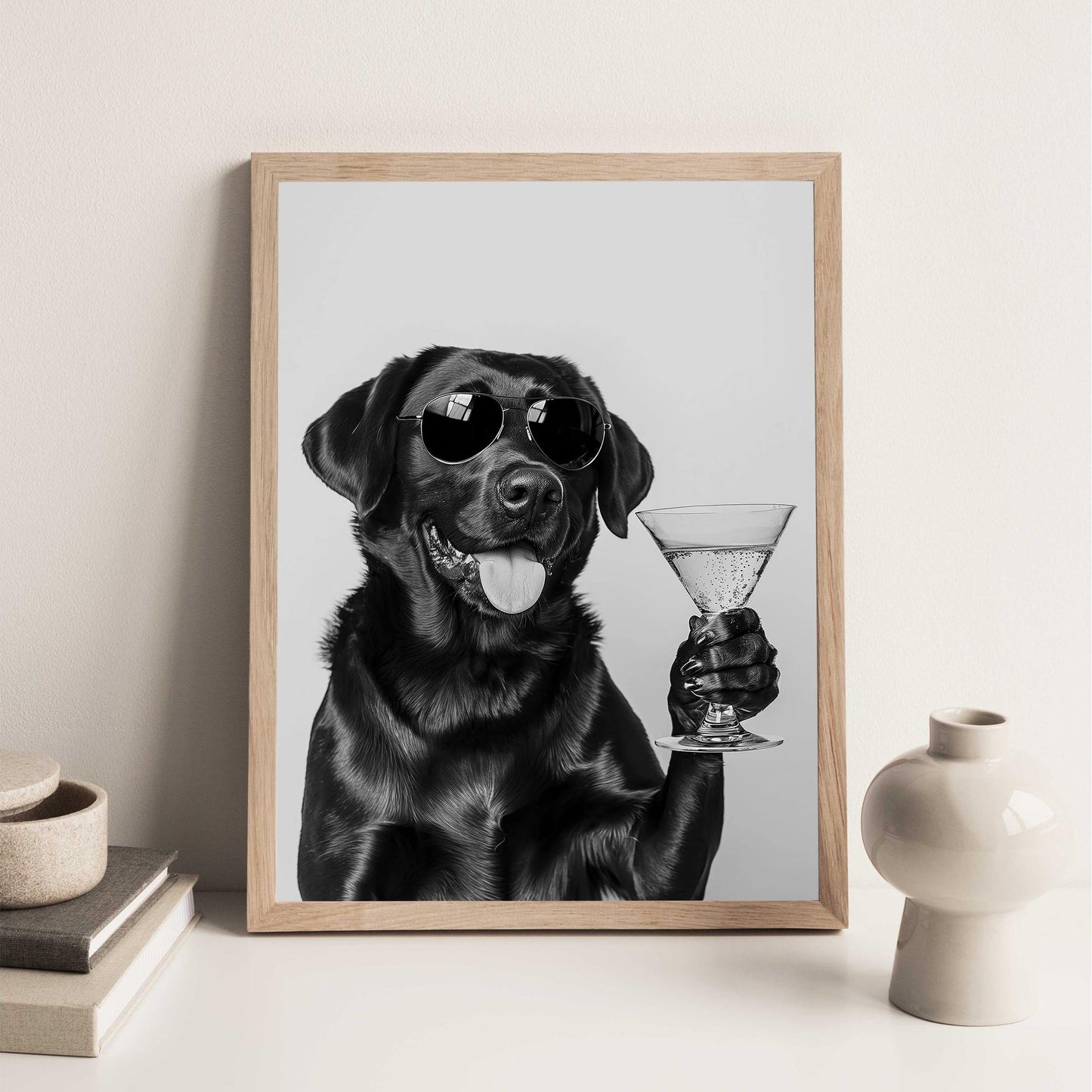 Black Lab Cocktail Print Funny Dog Martini Poster, Labrador Bar Cart Decor - Black and White Wall Art