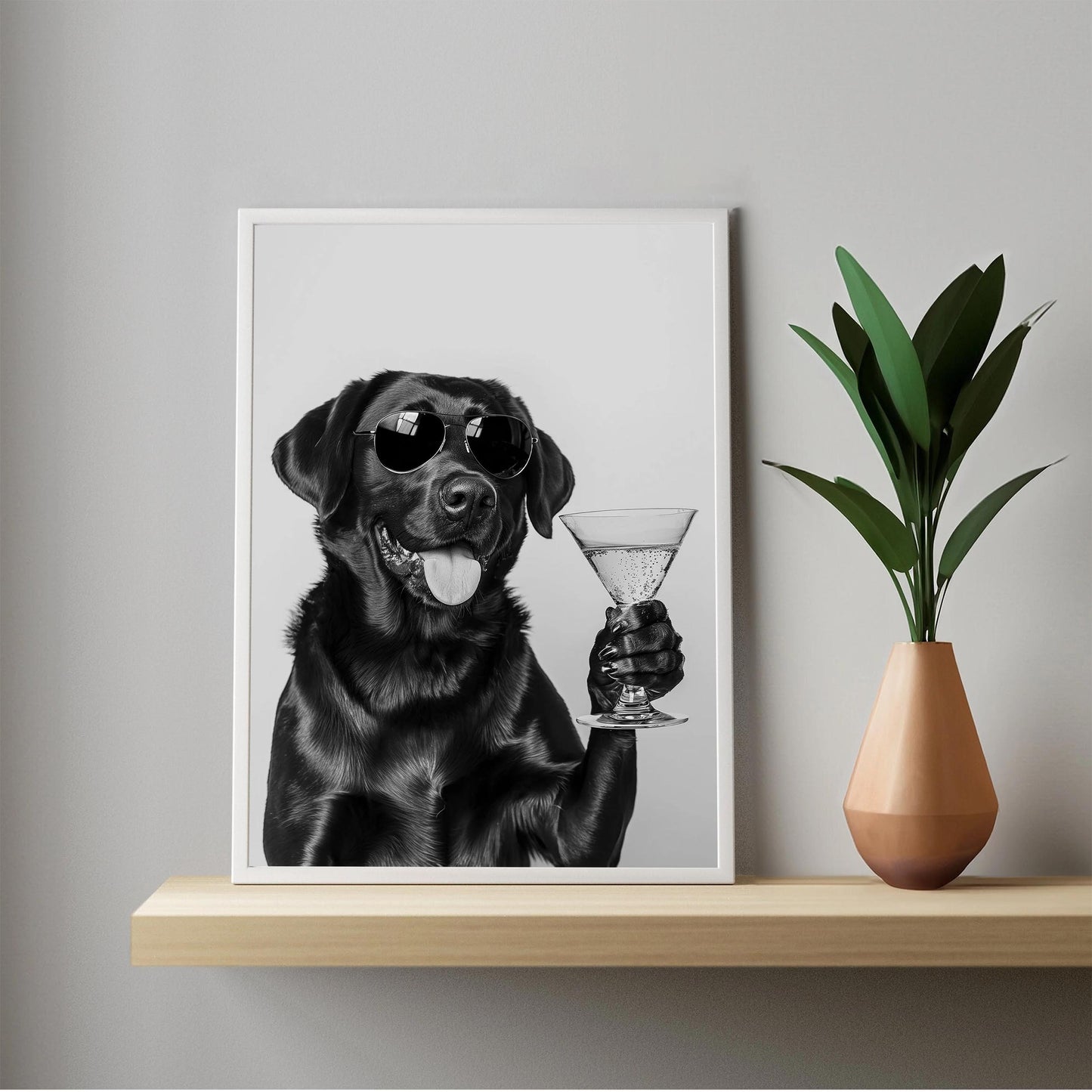 Black Lab Cocktail Print Funny Dog Martini Poster, Labrador Bar Cart Decor - Black and White Wall Art
