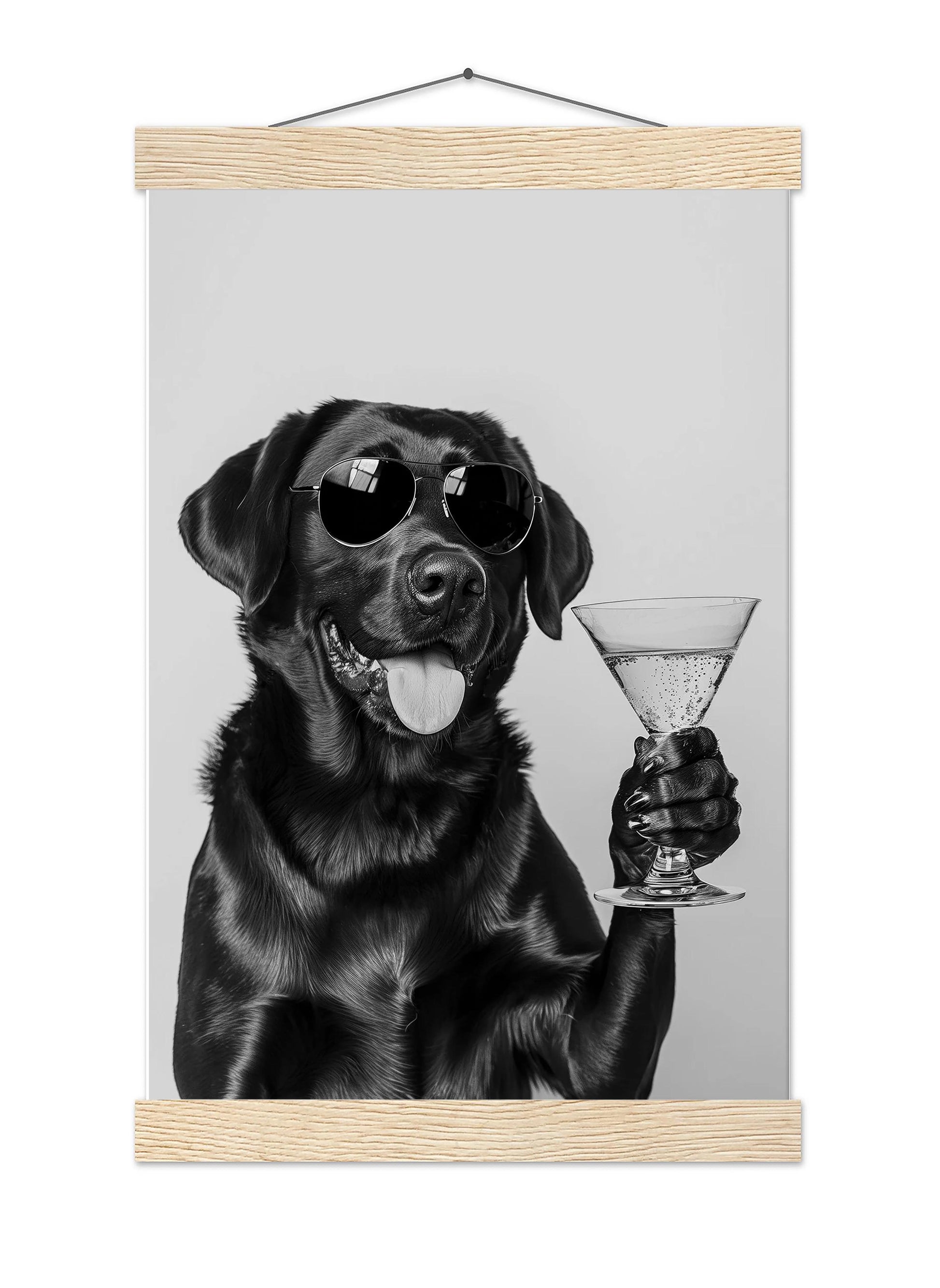Black Lab Cocktail Print Funny Dog Martini Poster, Labrador Bar Cart Decor - Black and White Wall Art