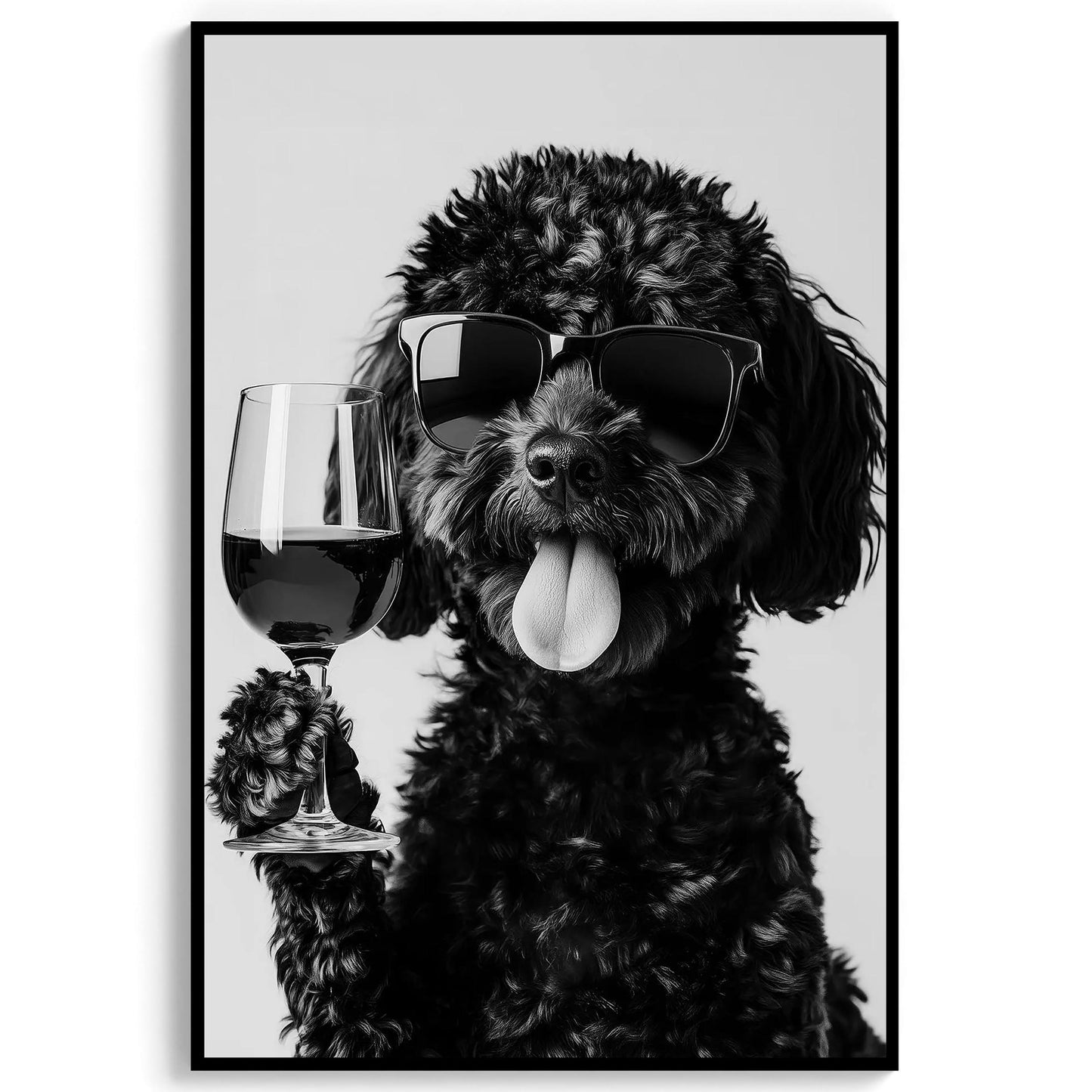 Black Labradoodle Drinking Wine Print Bar Cart Print, Funny Dog Poster, Dog Kitchen Decor - Black and White Wall Art