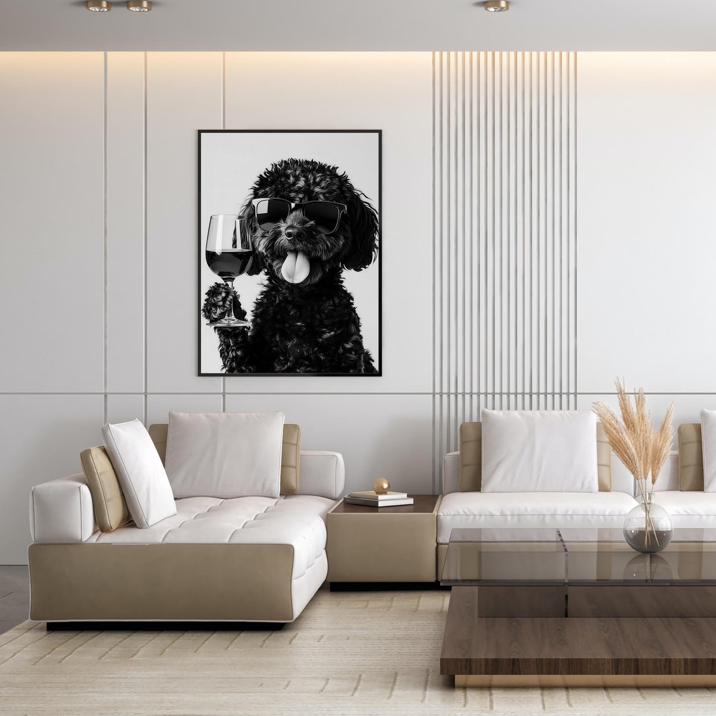 Black Labradoodle Drinking Wine Print Bar Cart Print, Funny Dog Poster, Dog Kitchen Decor - Black and White Wall Art