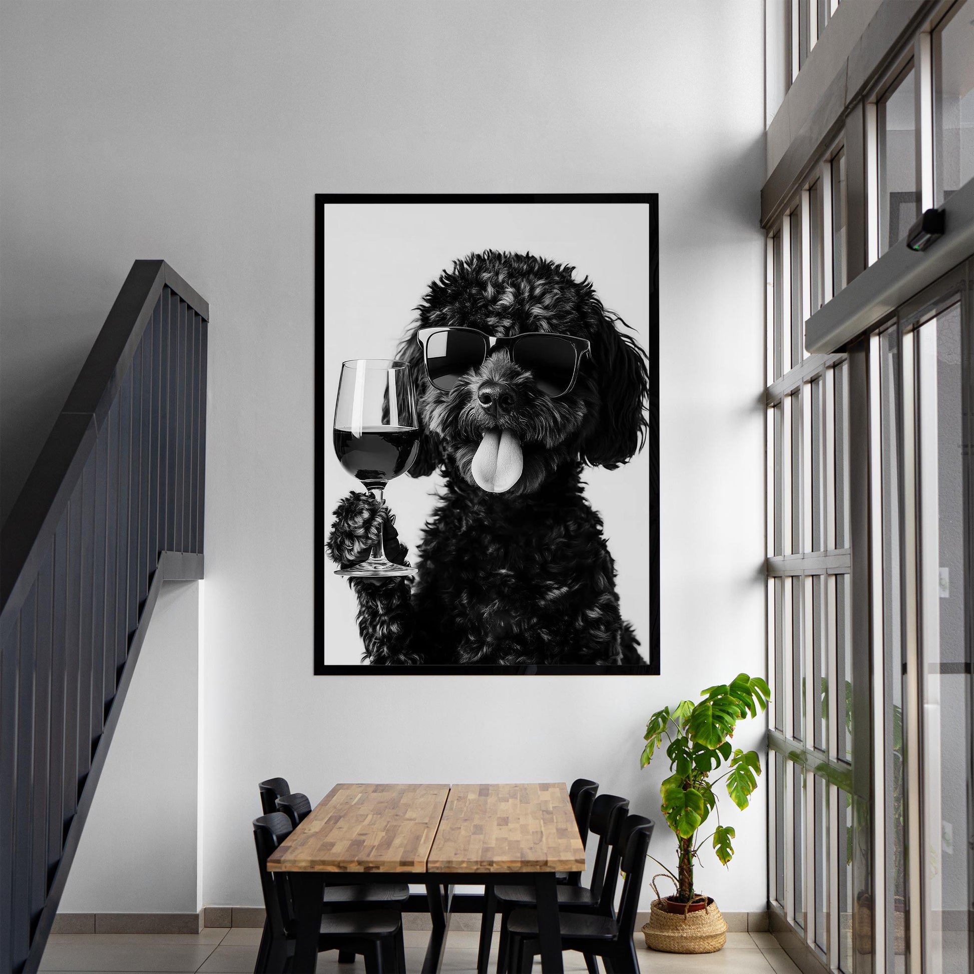 Black Labradoodle Drinking Wine Print Bar Cart Print, Funny Dog Poster, Dog Kitchen Decor - Black and White Wall Art