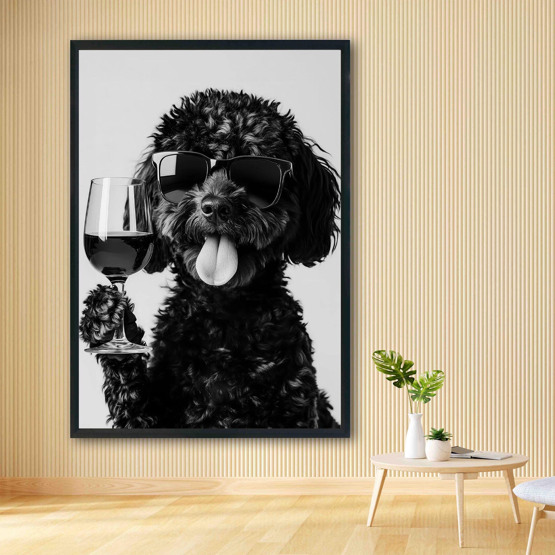 Black Labradoodle Drinking Wine Print Bar Cart Print, Funny Dog Poster, Dog Kitchen Decor - Black and White Wall Art