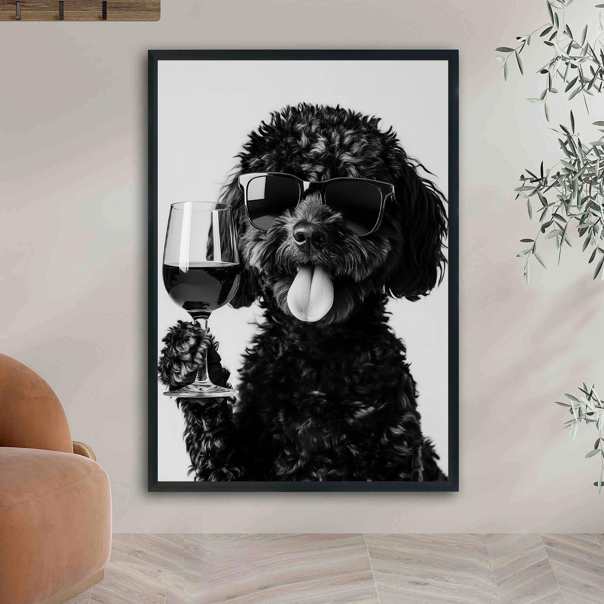 Black Labradoodle Drinking Wine Print Bar Cart Print, Funny Dog Poster, Dog Kitchen Decor - Black and White Wall Art