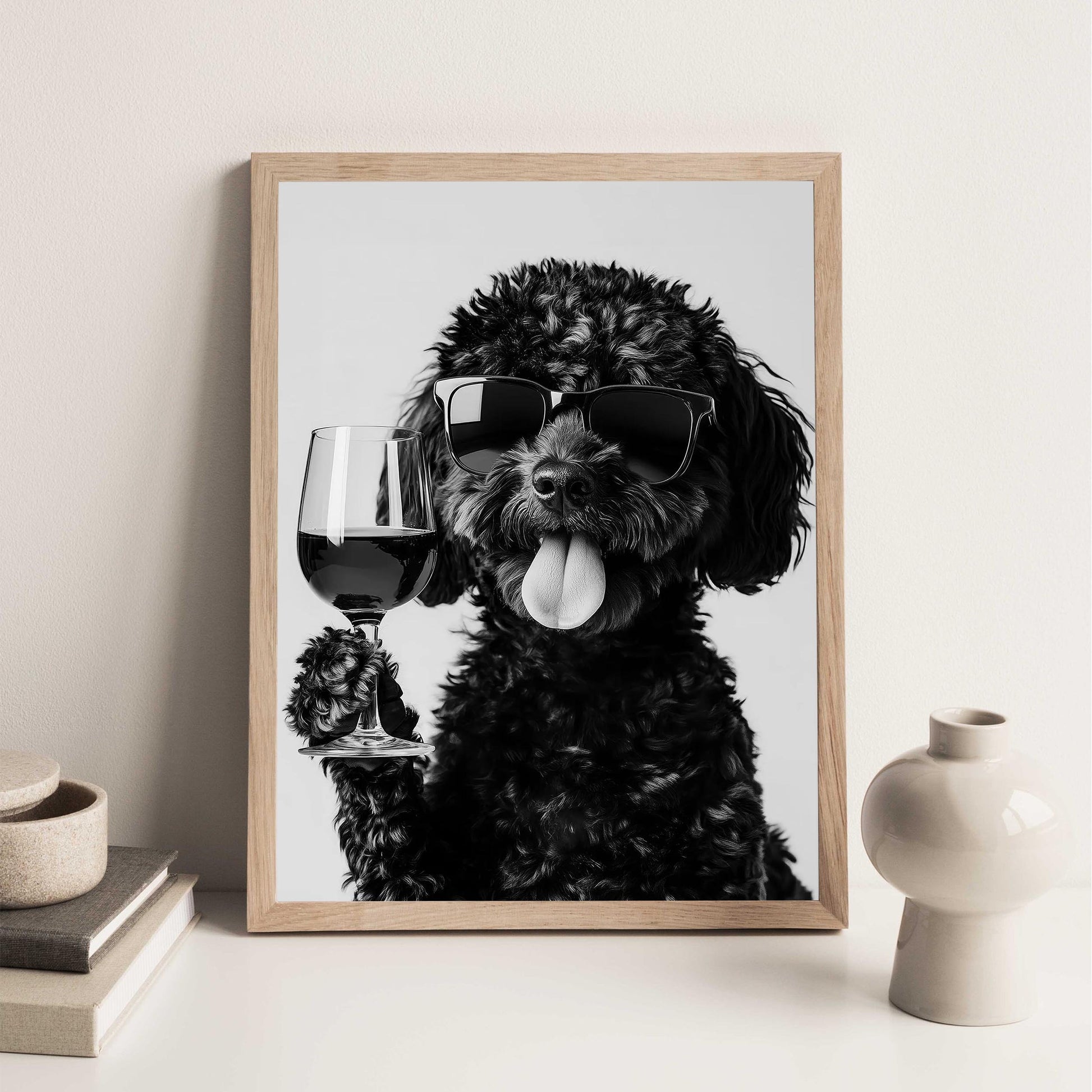 Black Labradoodle Drinking Wine Print Bar Cart Print, Funny Dog Poster, Dog Kitchen Decor - Black and White Wall Art