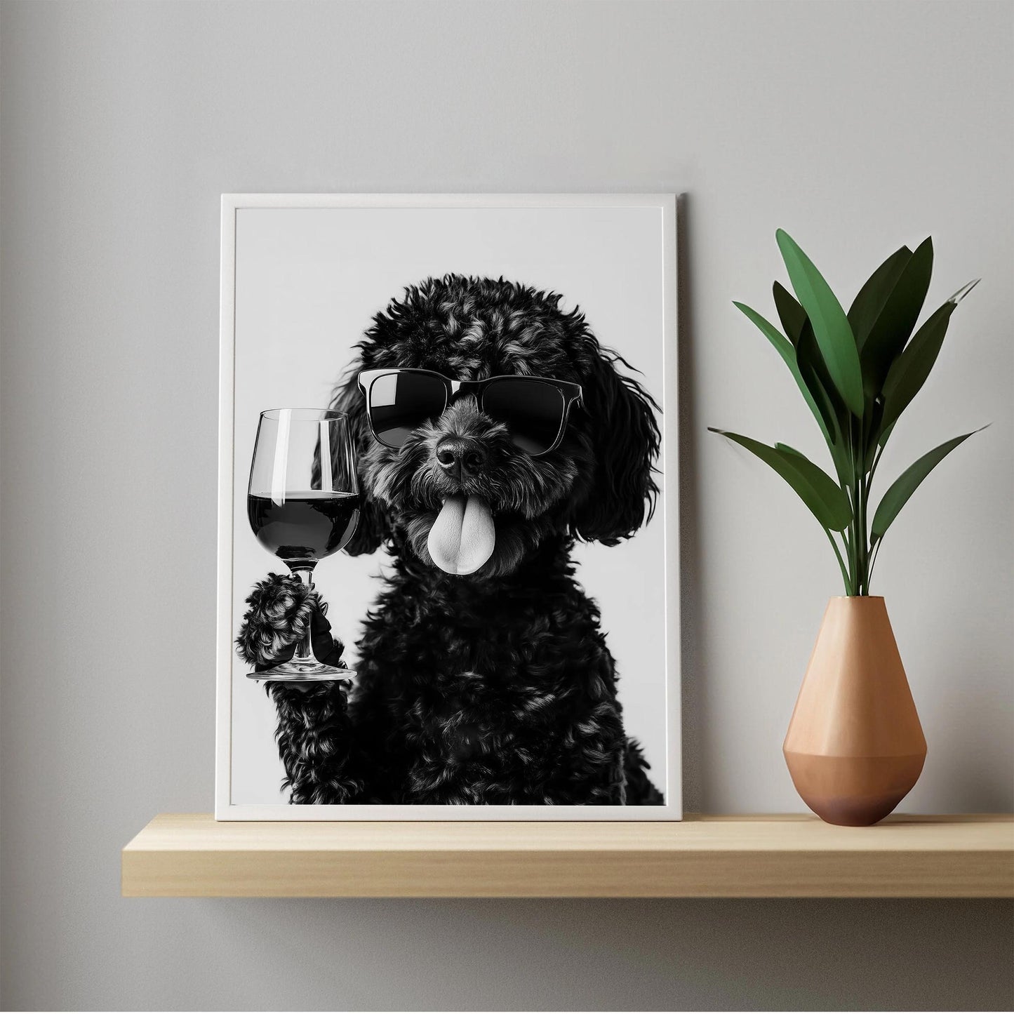 Black Labradoodle Drinking Wine Print Bar Cart Print, Funny Dog Poster, Dog Kitchen Decor - Black and White Wall Art