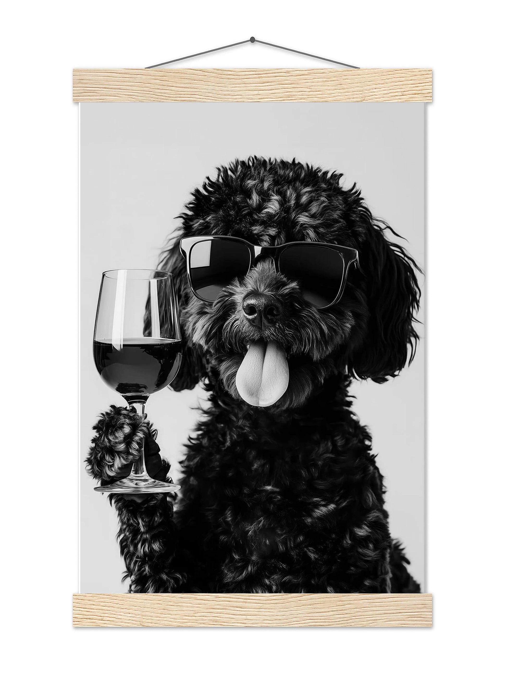Black Labradoodle Drinking Wine Print Bar Cart Print, Funny Dog Poster, Dog Kitchen Decor - Black and White Wall Art