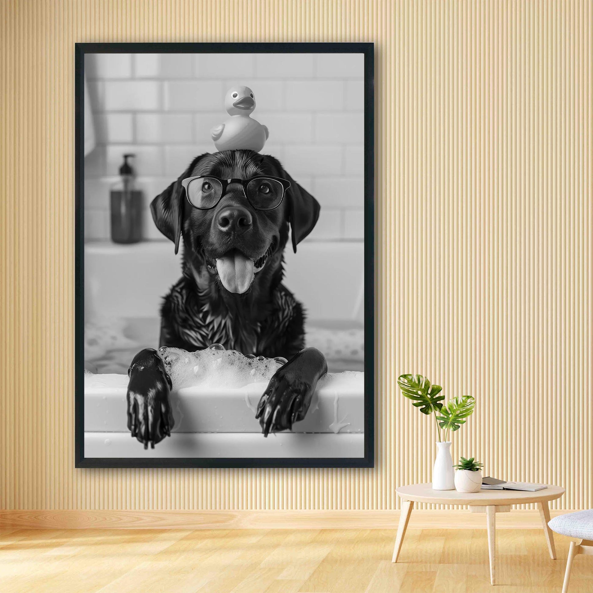 Black Labrador Bathroom Wall Art Funny Dog in Bathtub Print, Lab Poster, Black and White Bathroom Decor