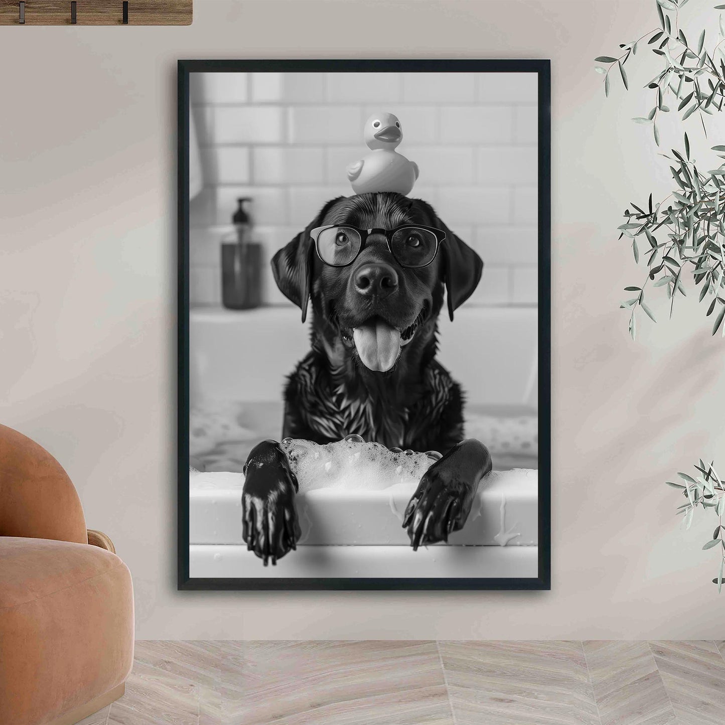 Black Labrador Bathroom Wall Art Funny Dog in Bathtub Print, Lab Poster, Black and White Bathroom Decor