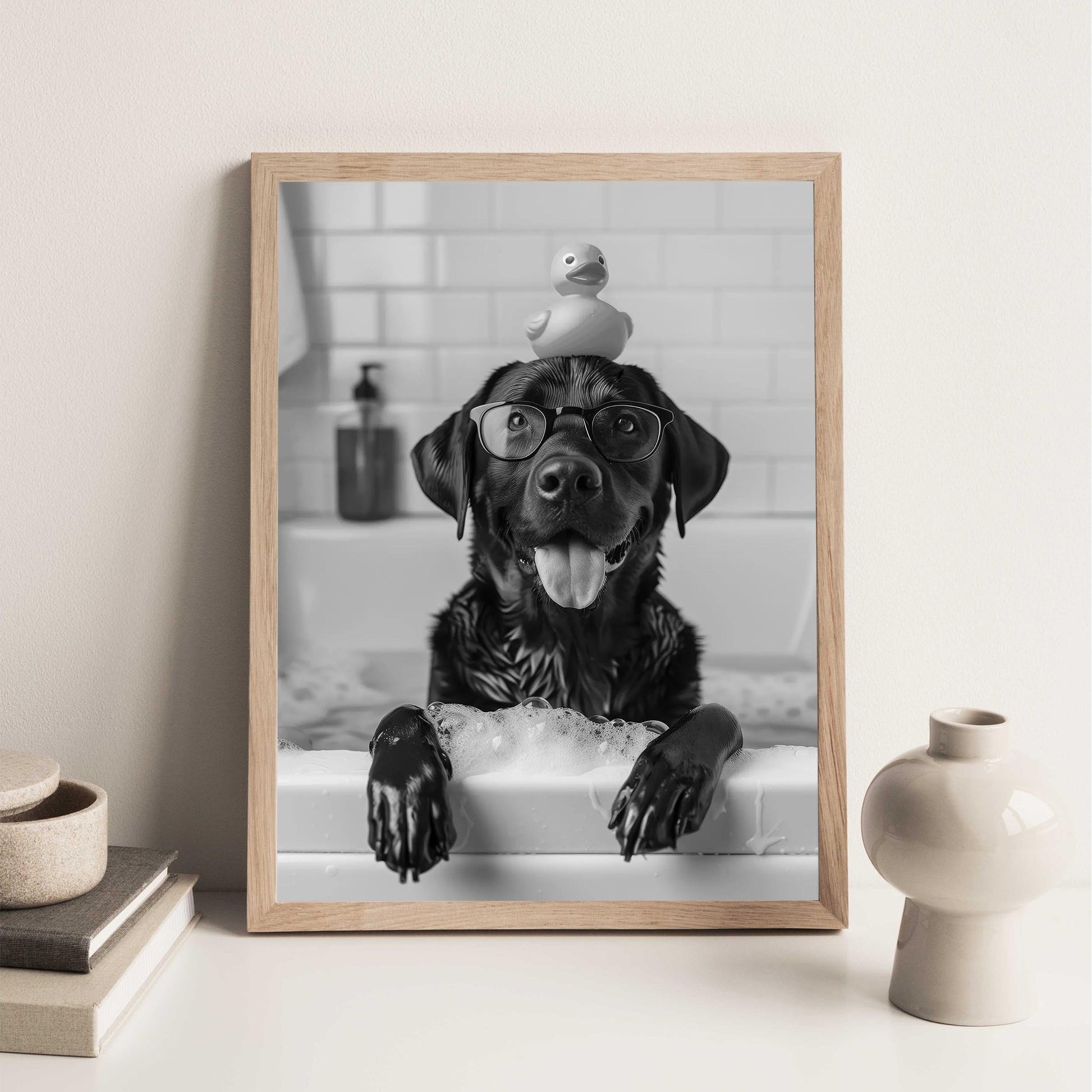 Black Labrador Bathroom Wall Art Funny Dog in Bathtub Print, Lab Poster, Black and White Bathroom Decor