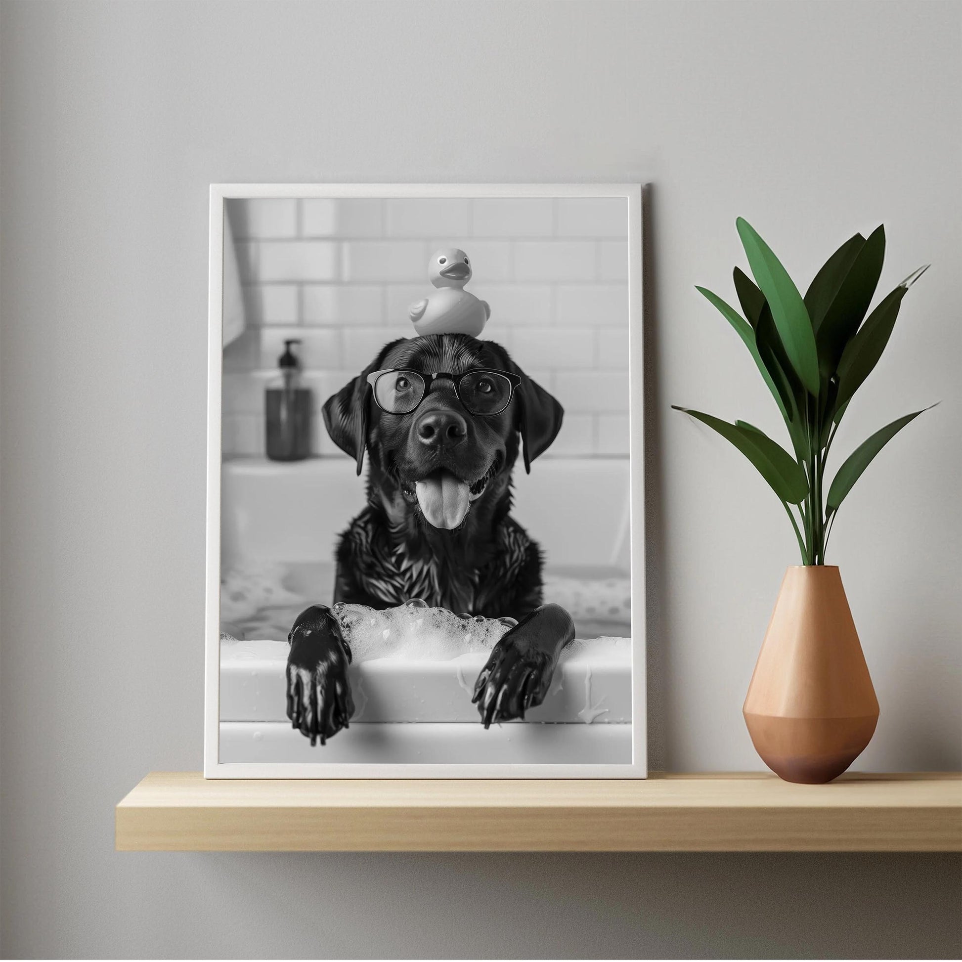 Black Labrador Bathroom Wall Art Funny Dog in Bathtub Print, Lab Poster, Black and White Bathroom Decor