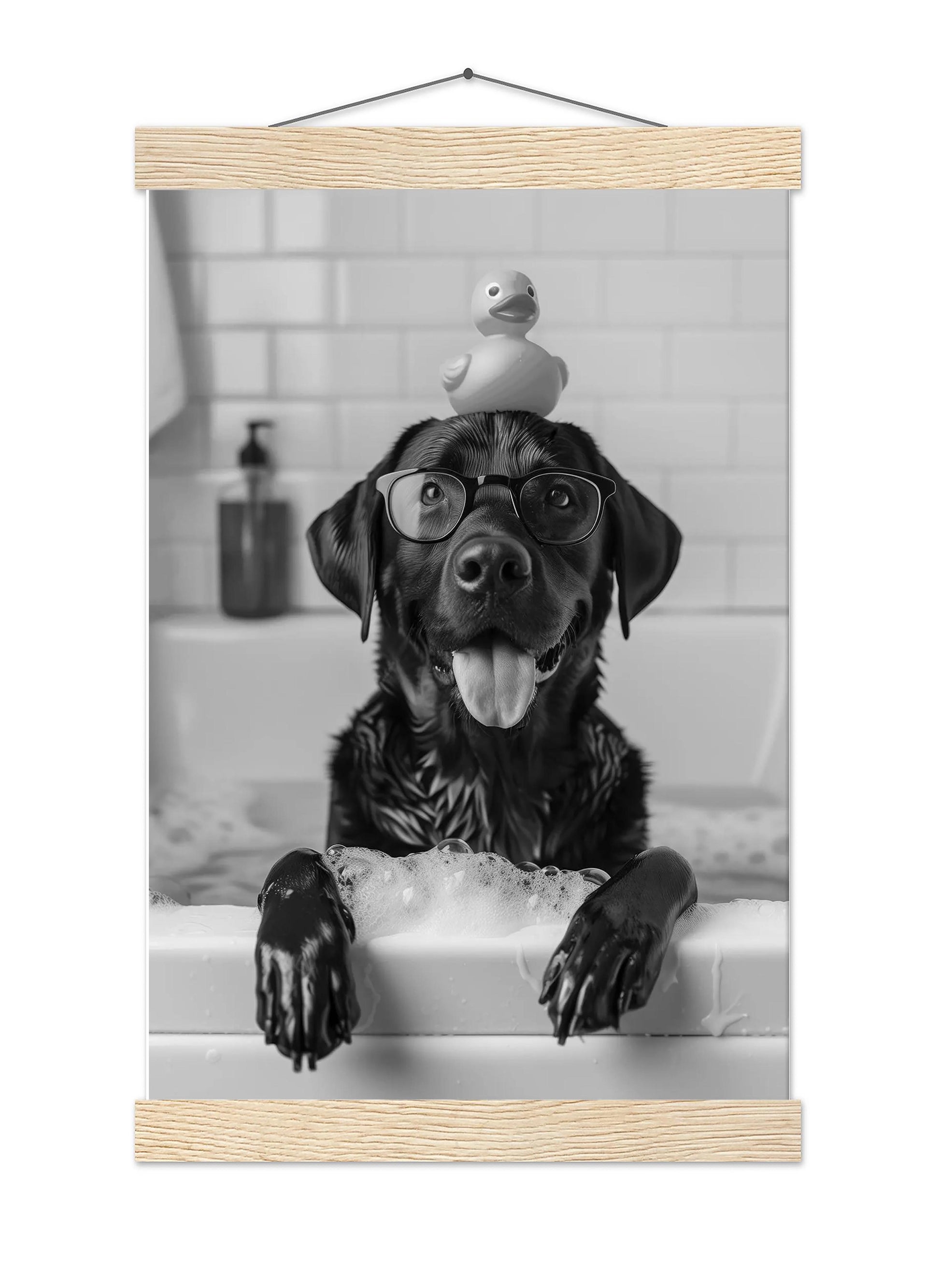 Black Labrador Bathroom Wall Art Funny Dog in Bathtub Print, Lab Poster, Black and White Bathroom Decor
