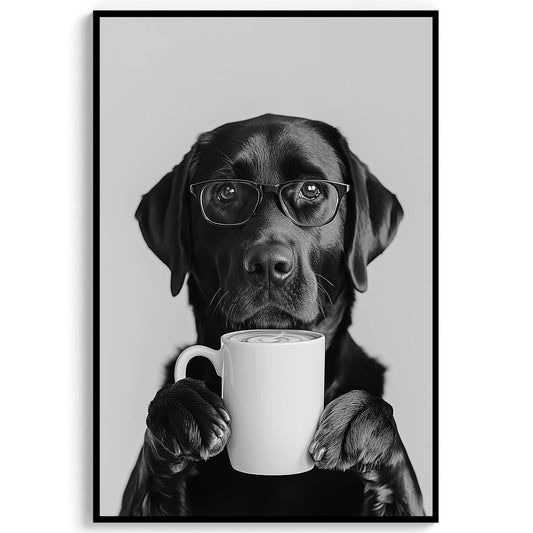 Black Labrador Drinking Coffee Wall Art Coffee Lover Print, Black Lab Gift, Funny Dog Poster, Kitchen