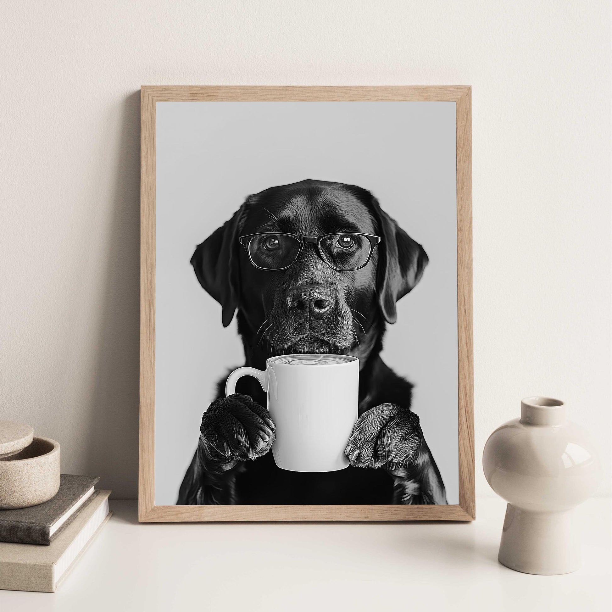 Black Labrador Drinking Coffee Wall Art Coffee Lover Print, Black Lab Gift, Funny Dog Poster, Kitchen
