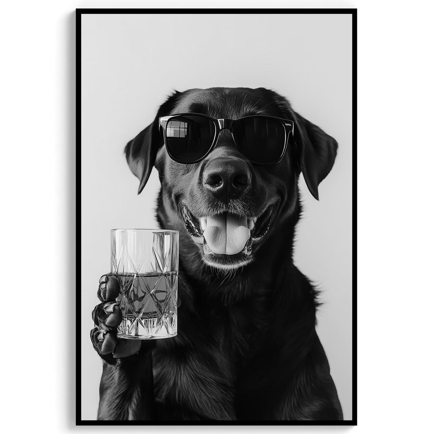 Black Labrador Drinking Whiskey Wall Art, Bourbon Glass, Black and White Print, Funny Dog Poster, Bar Cart Print - Kitch