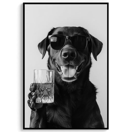 Black Labrador Drinking Whiskey Wall Art, Bourbon Glass, Black and White Print, Funny Dog Poster, Bar Cart Print - Kitch