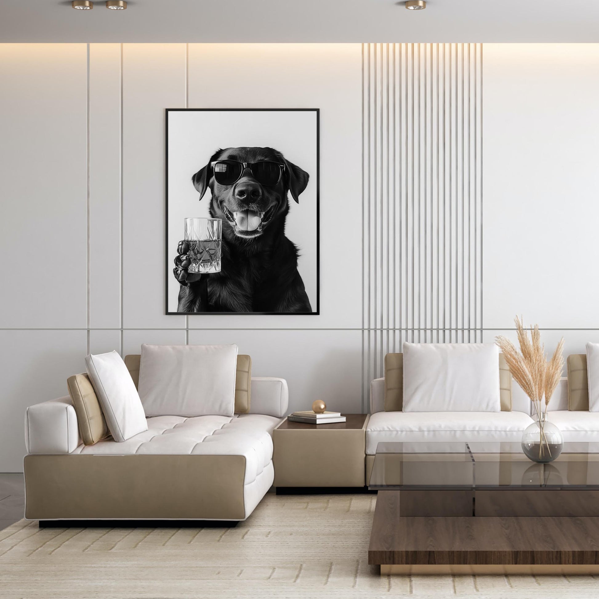 Black Labrador Drinking Whiskey Wall Art, Bourbon Glass, Black and White Print, Funny Dog Poster, Bar Cart Print - Kitch