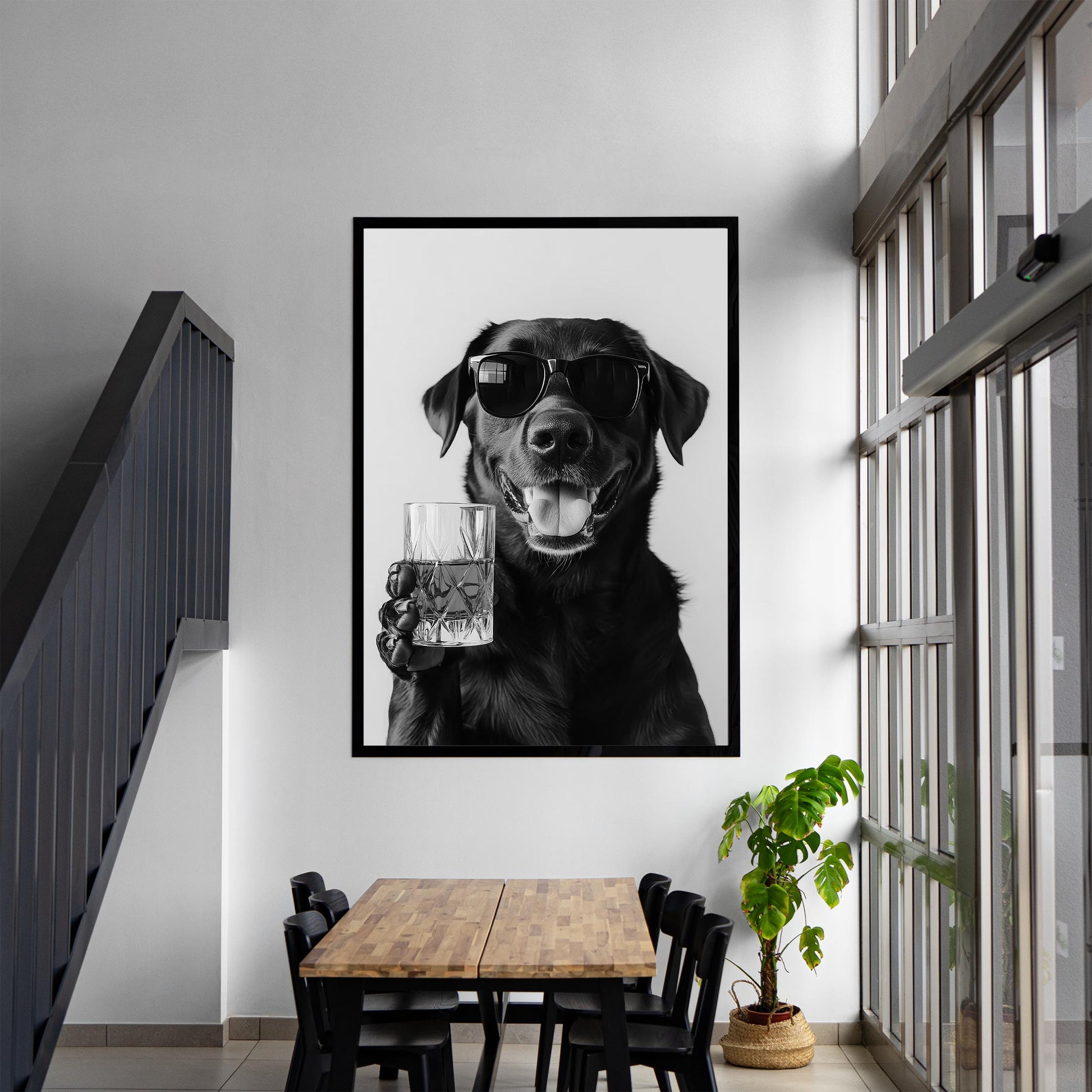 Black Labrador Drinking Whiskey Wall Art, Bourbon Glass, Black and White Print, Funny Dog Poster, Bar Cart Print - Kitch