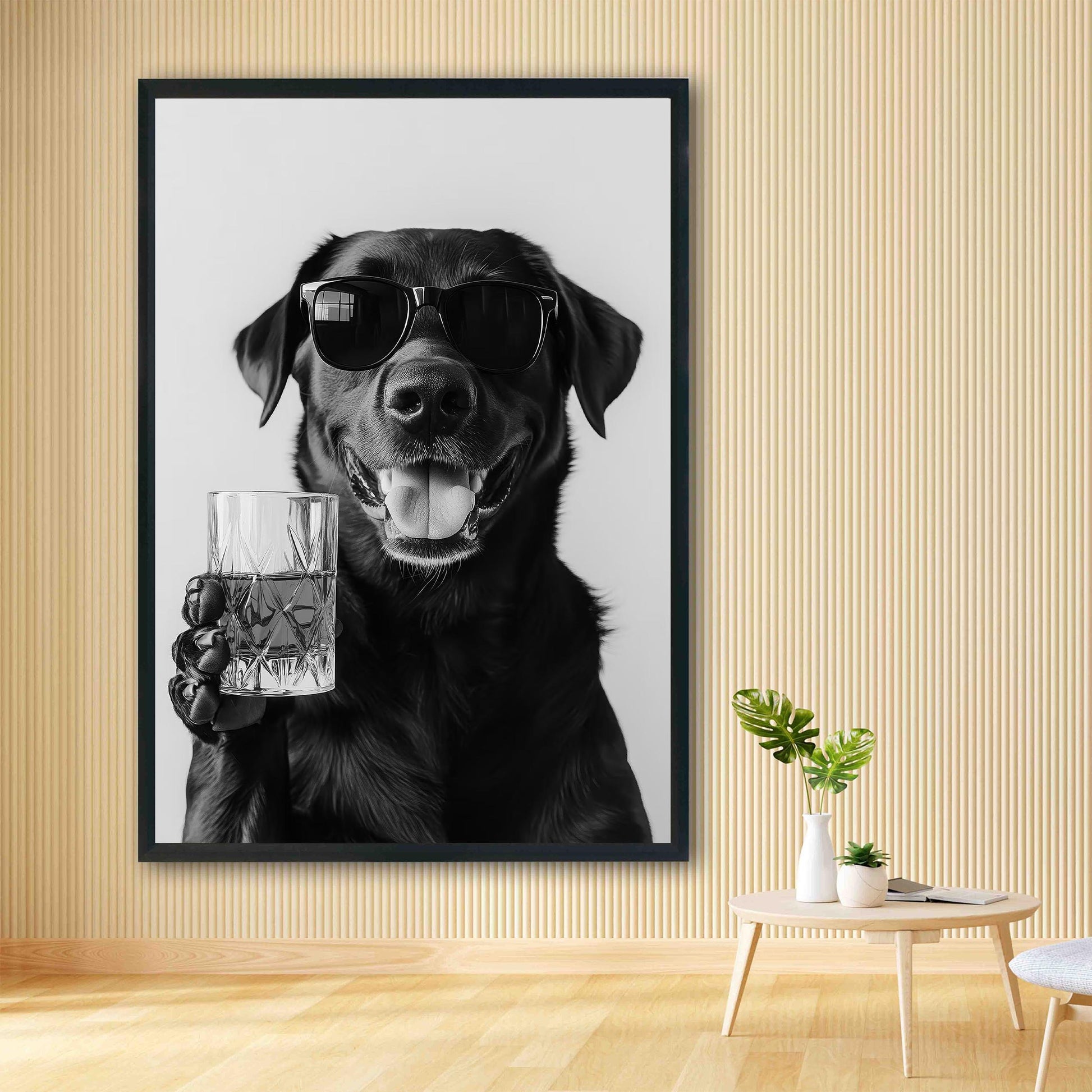 Black Labrador Drinking Whiskey Wall Art, Bourbon Glass, Black and White Print, Funny Dog Poster, Bar Cart Print - Kitch