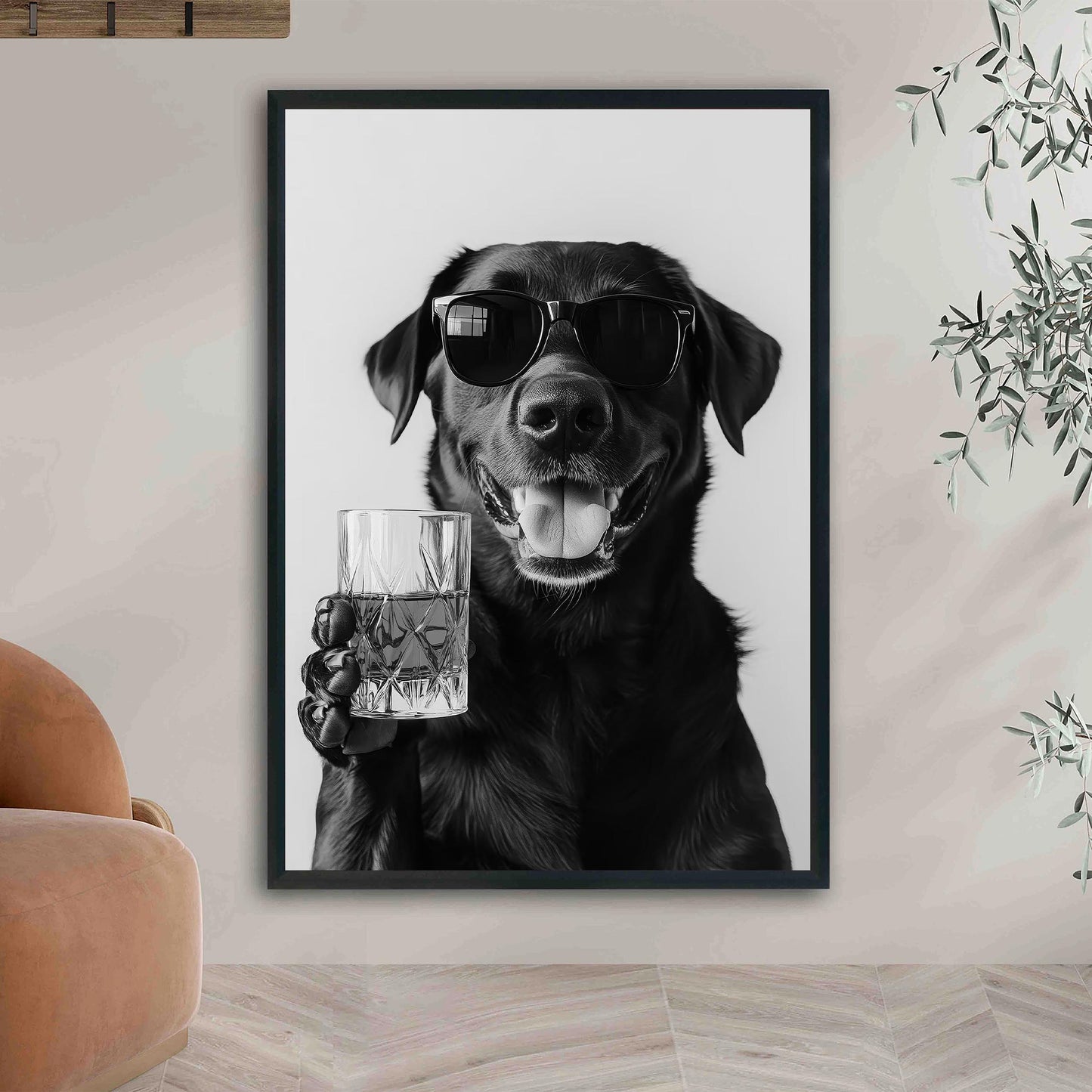Black Labrador Drinking Whiskey Wall Art, Bourbon Glass, Black and White Print, Funny Dog Poster, Bar Cart Print - Kitch