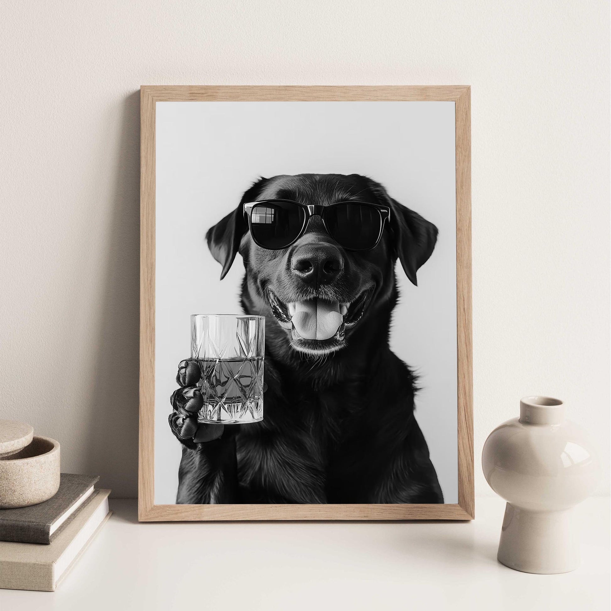 Black Labrador Drinking Whiskey Wall Art, Bourbon Glass, Black and White Print, Funny Dog Poster, Bar Cart Print - Kitch