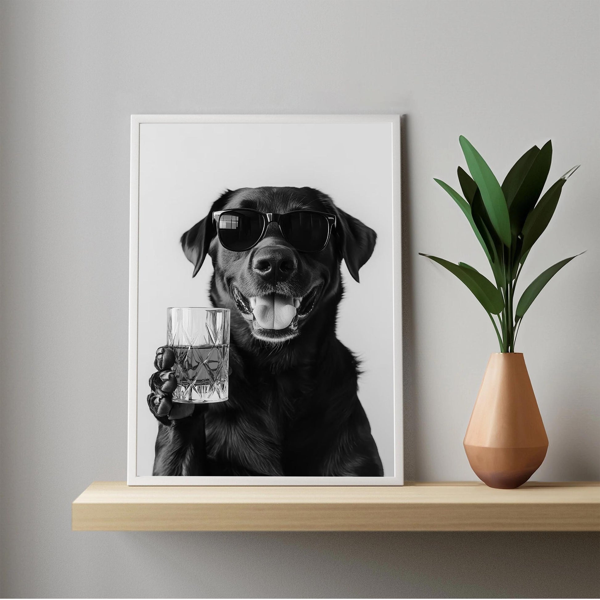 Black Labrador Drinking Whiskey Wall Art, Bourbon Glass, Black and White Print, Funny Dog Poster, Bar Cart Print - Kitch