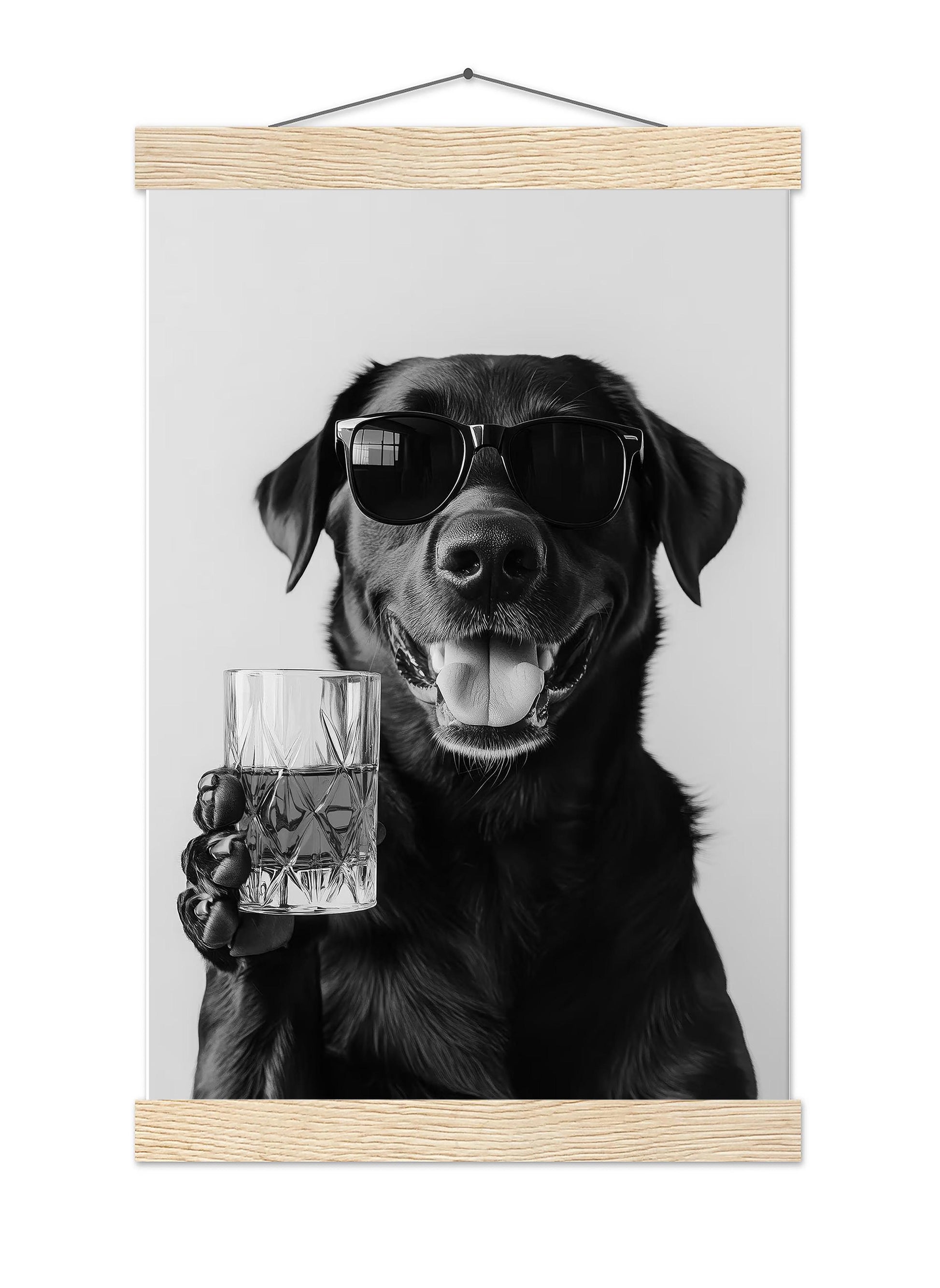 Black Labrador Drinking Whiskey Wall Art, Bourbon Glass, Black and White Print, Funny Dog Poster, Bar Cart Print - Kitch