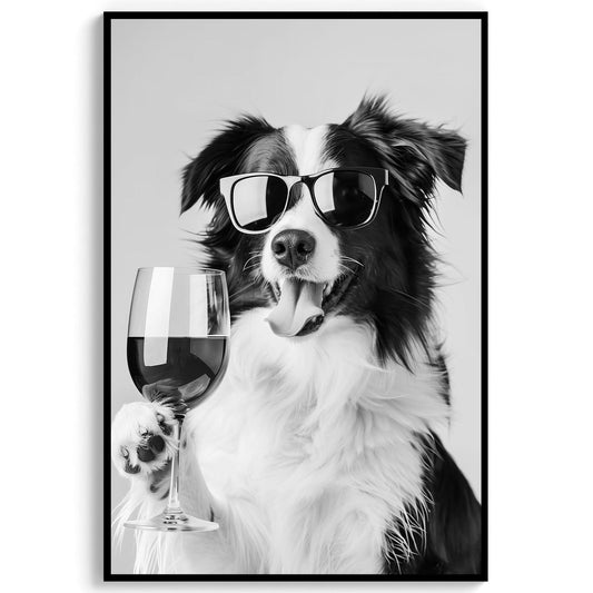 Border Collie and Wine Print Bar Cart Print, Funny Dog Poster, Trendy Kitchen Decor - Black and White Wall Art