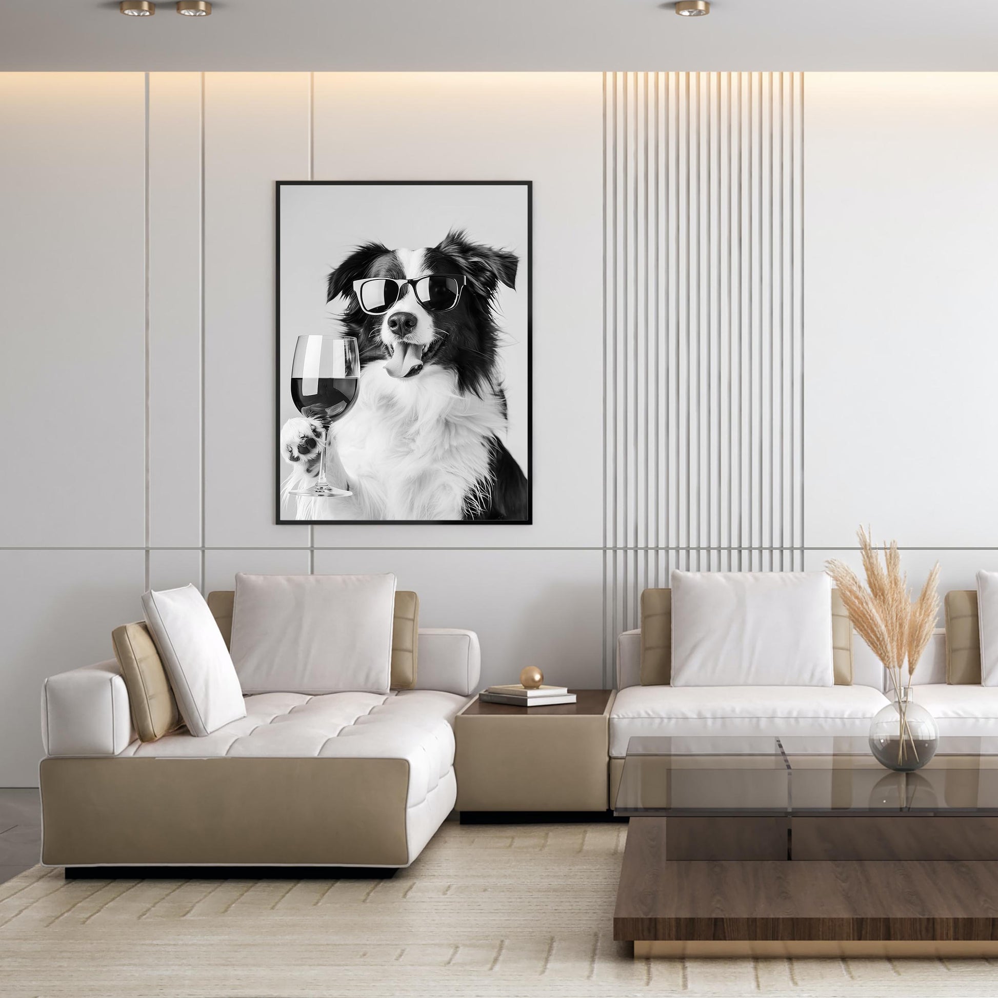 Border Collie and Wine Print Bar Cart Print, Funny Dog Poster, Trendy Kitchen Decor - Black and White Wall Art