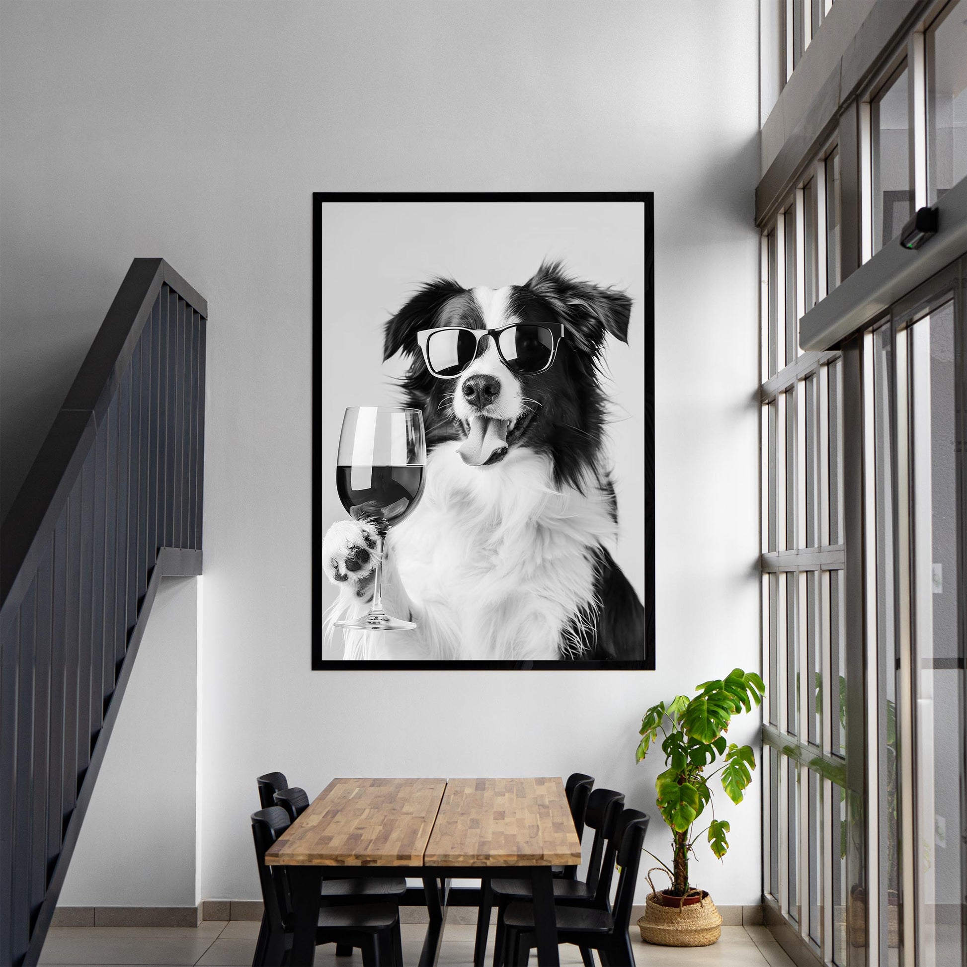 Border Collie and Wine Print Bar Cart Print, Funny Dog Poster, Trendy Kitchen Decor - Black and White Wall Art