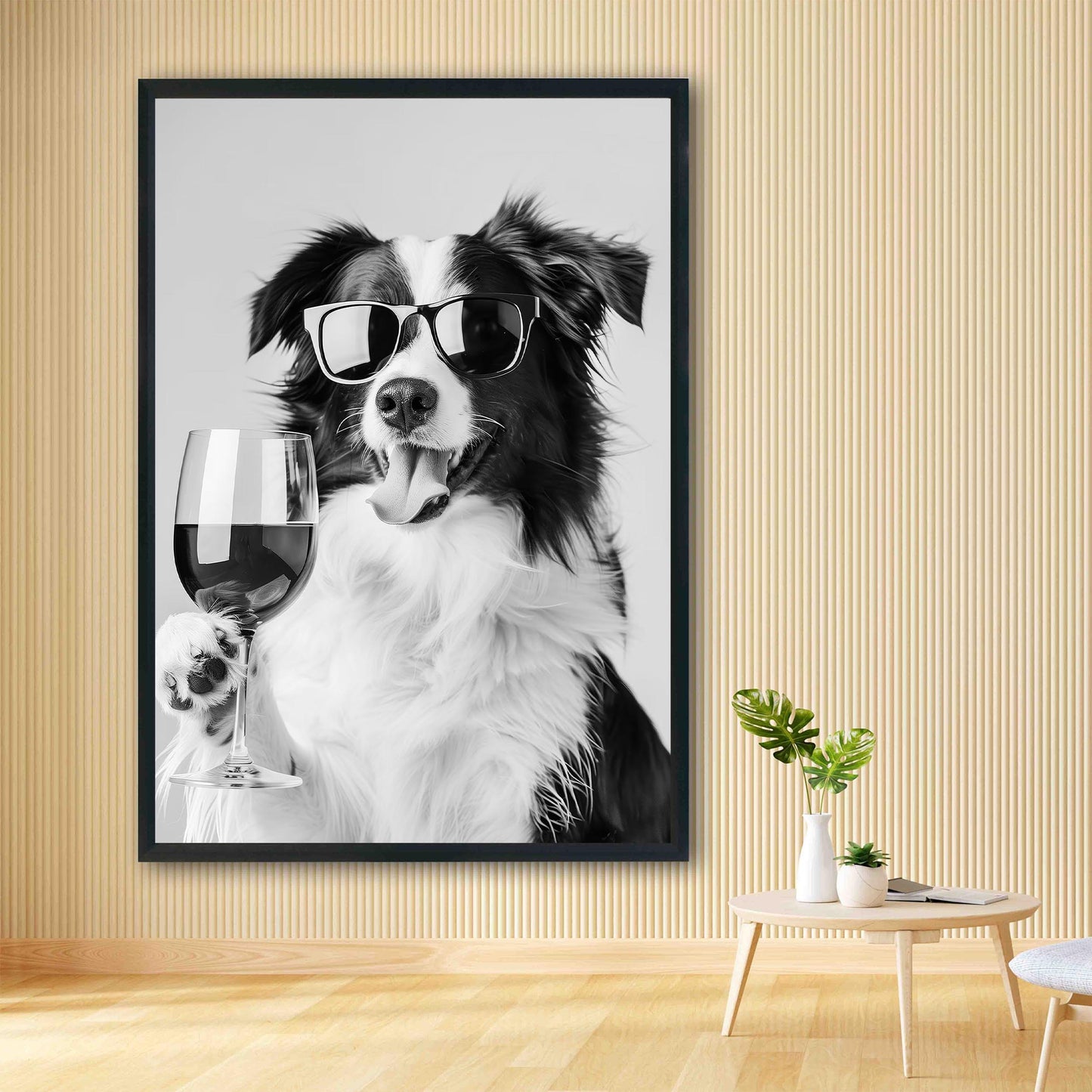 Border Collie and Wine Print Bar Cart Print, Funny Dog Poster, Trendy Kitchen Decor - Black and White Wall Art