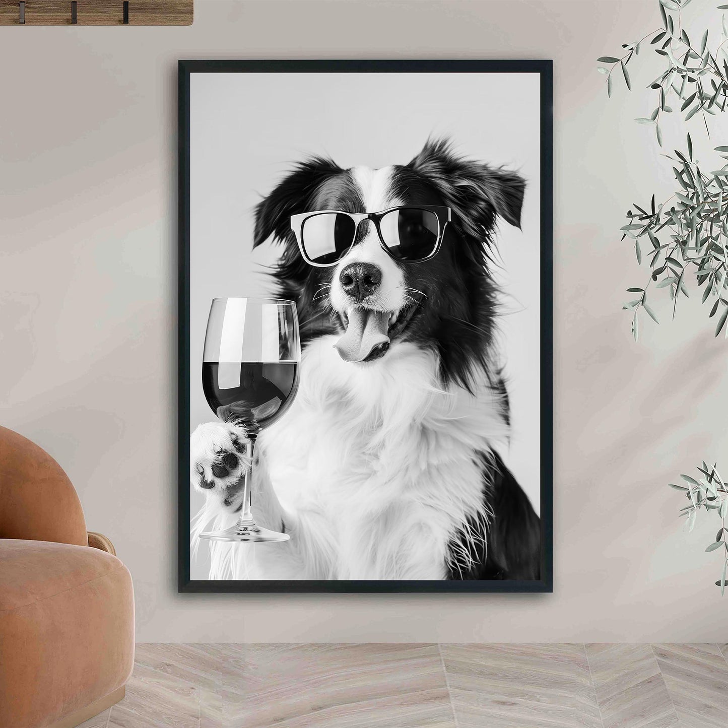Border Collie and Wine Print Bar Cart Print, Funny Dog Poster, Trendy Kitchen Decor - Black and White Wall Art