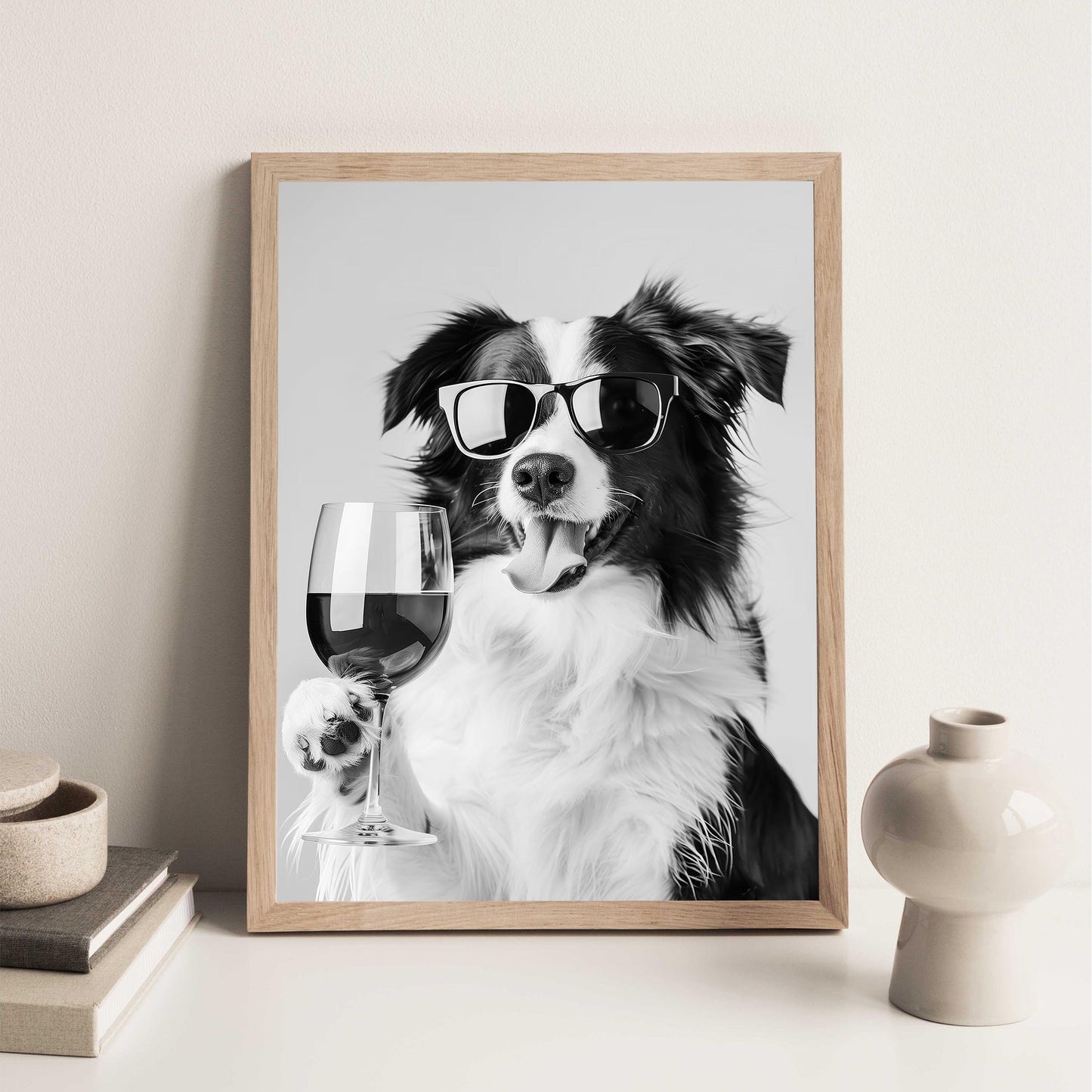 Border Collie and Wine Print Bar Cart Print, Funny Dog Poster, Trendy Kitchen Decor - Black and White Wall Art
