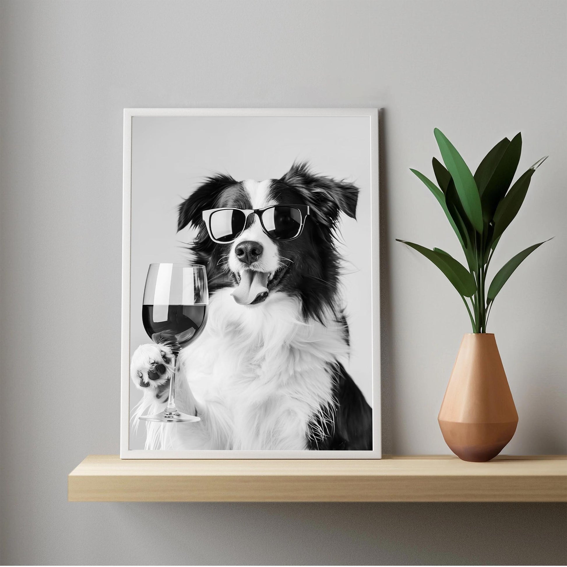 Border Collie and Wine Print Bar Cart Print, Funny Dog Poster, Trendy Kitchen Decor - Black and White Wall Art
