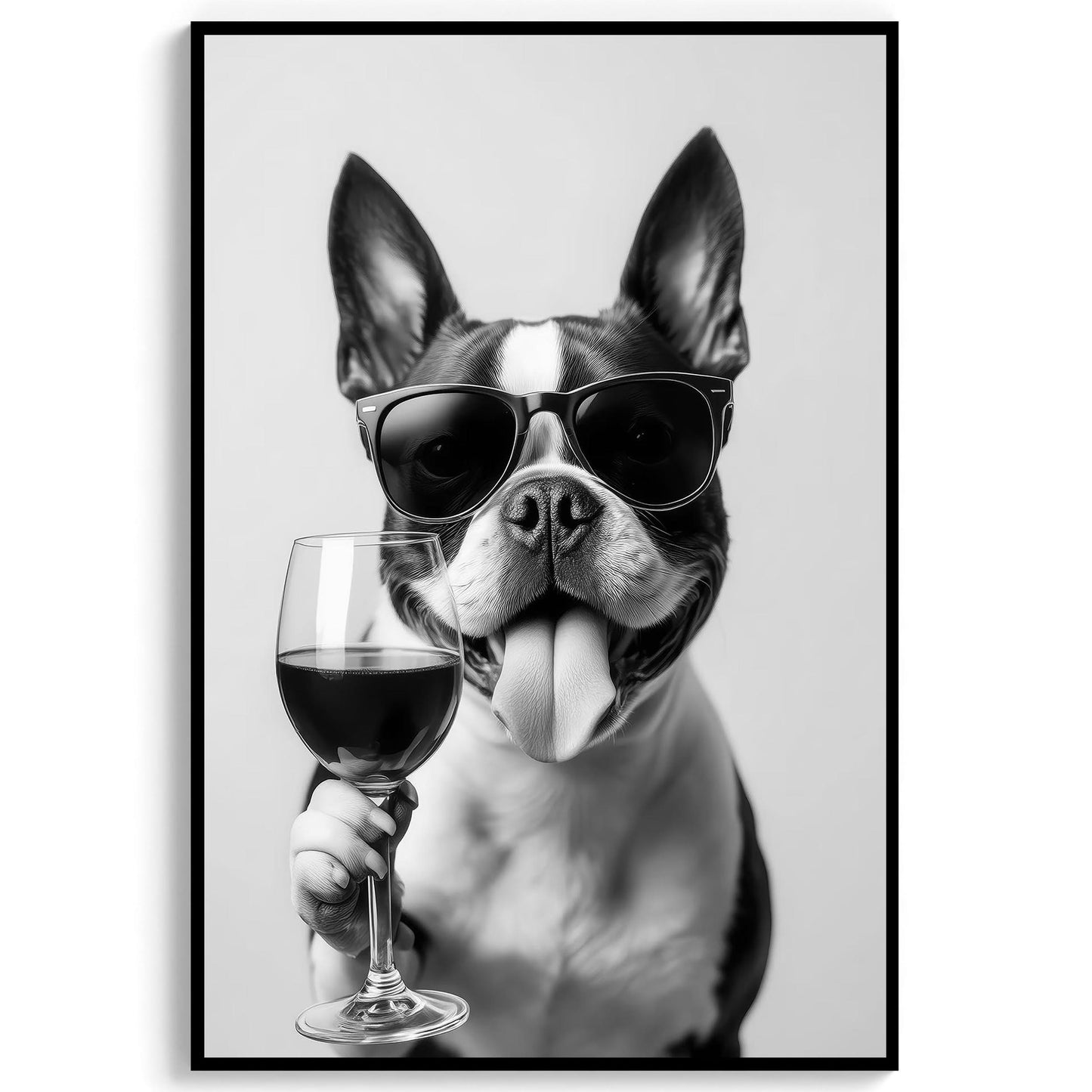 Boston Terrier and Wine Print Bar Cart Print, Funny Dog Poster, Trendy Kitchen Decor - Black and White Wall Art