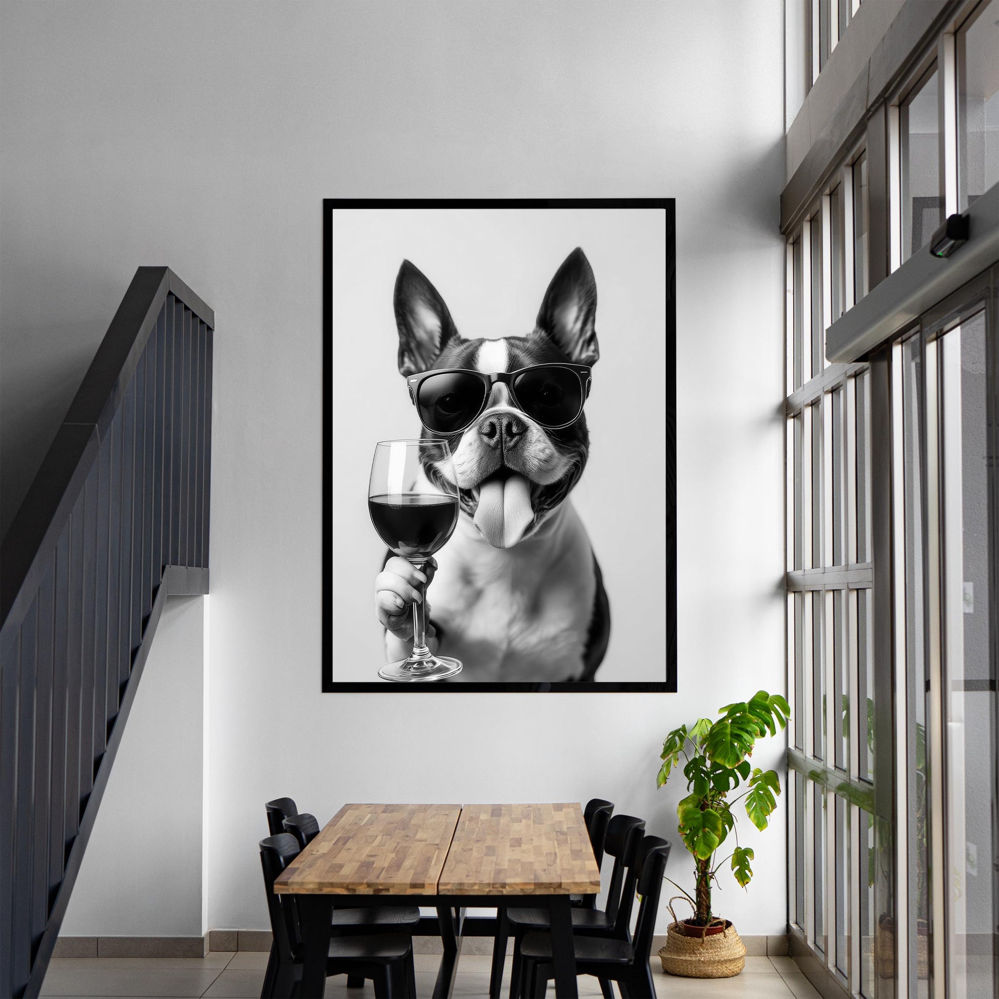 Boston Terrier and Wine Print Bar Cart Print, Funny Dog Poster, Trendy Kitchen Decor - Black and White Wall Art