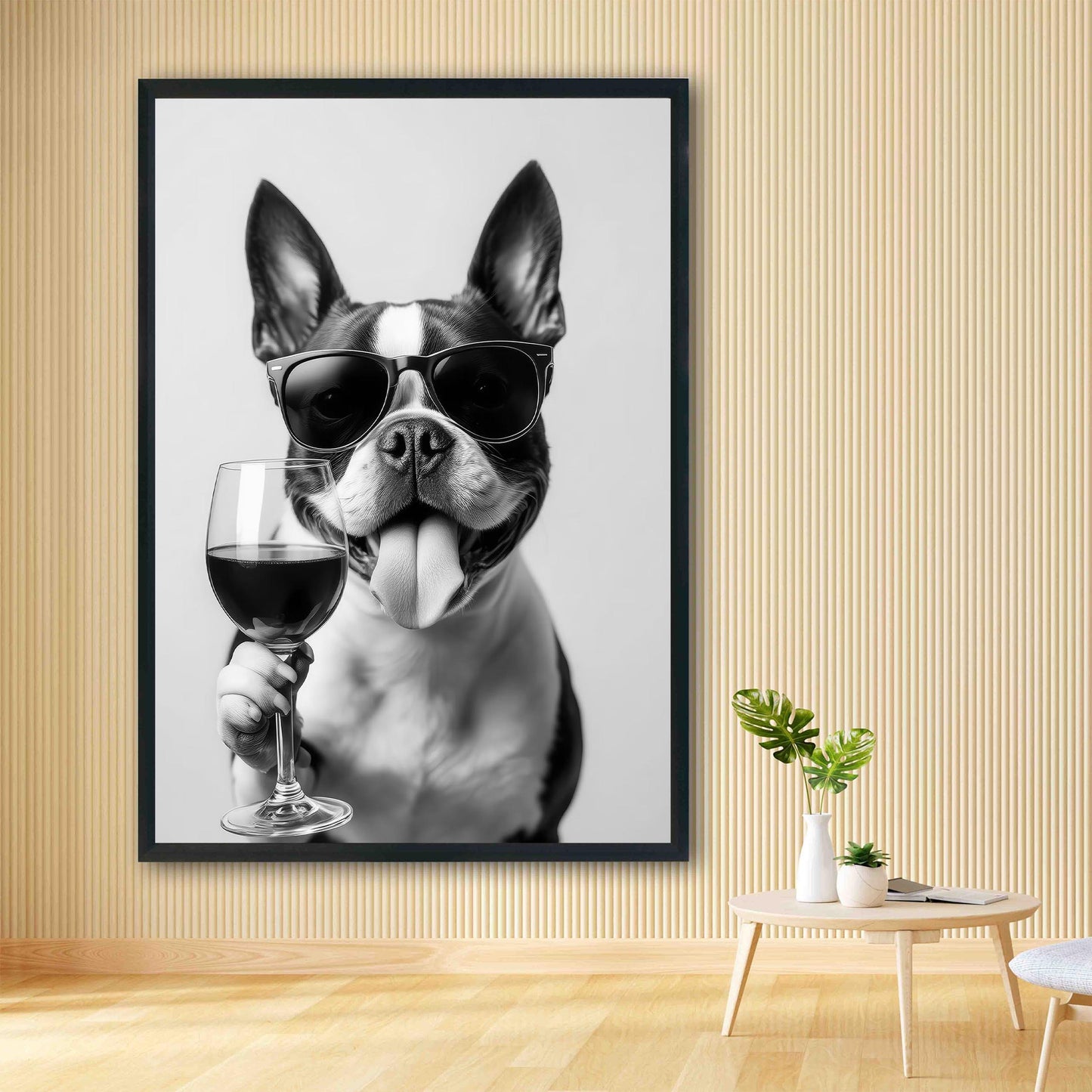Boston Terrier and Wine Print Bar Cart Print, Funny Dog Poster, Trendy Kitchen Decor - Black and White Wall Art