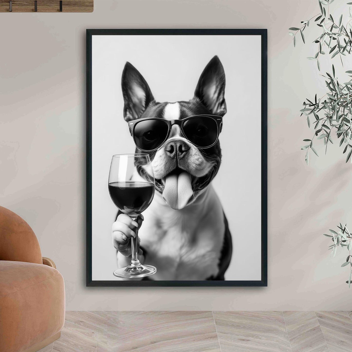 Boston Terrier and Wine Print Bar Cart Print, Funny Dog Poster, Trendy Kitchen Decor - Black and White Wall Art