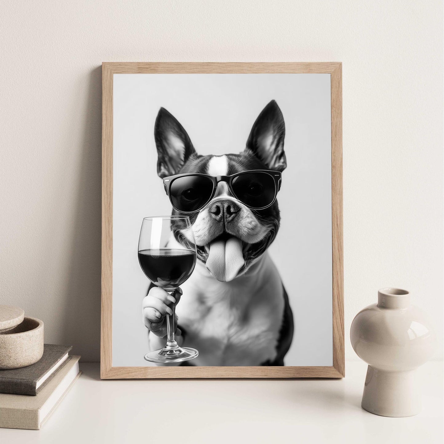 Boston Terrier and Wine Print Bar Cart Print, Funny Dog Poster, Trendy Kitchen Decor - Black and White Wall Art