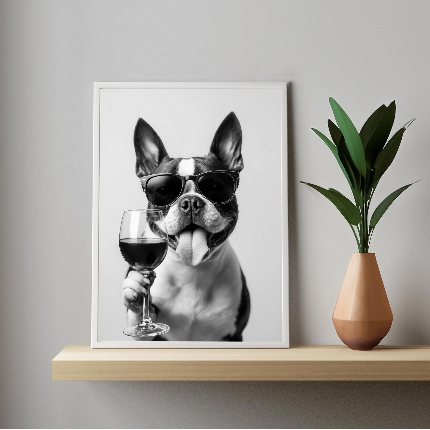 Boston Terrier and Wine Print Bar Cart Print, Funny Dog Poster, Trendy Kitchen Decor - Black and White Wall Art