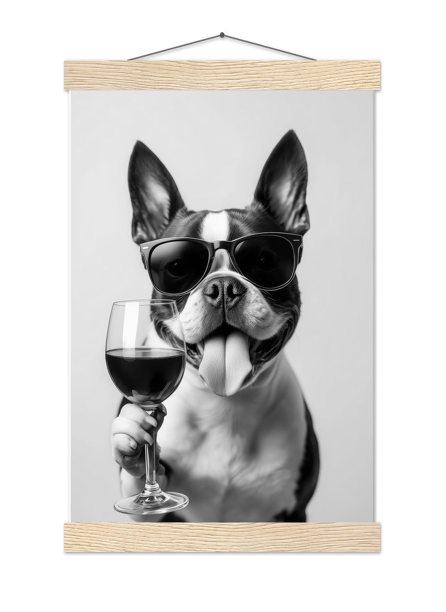 Boston Terrier and Wine Print Bar Cart Print, Funny Dog Poster, Trendy Kitchen Decor - Black and White Wall Art