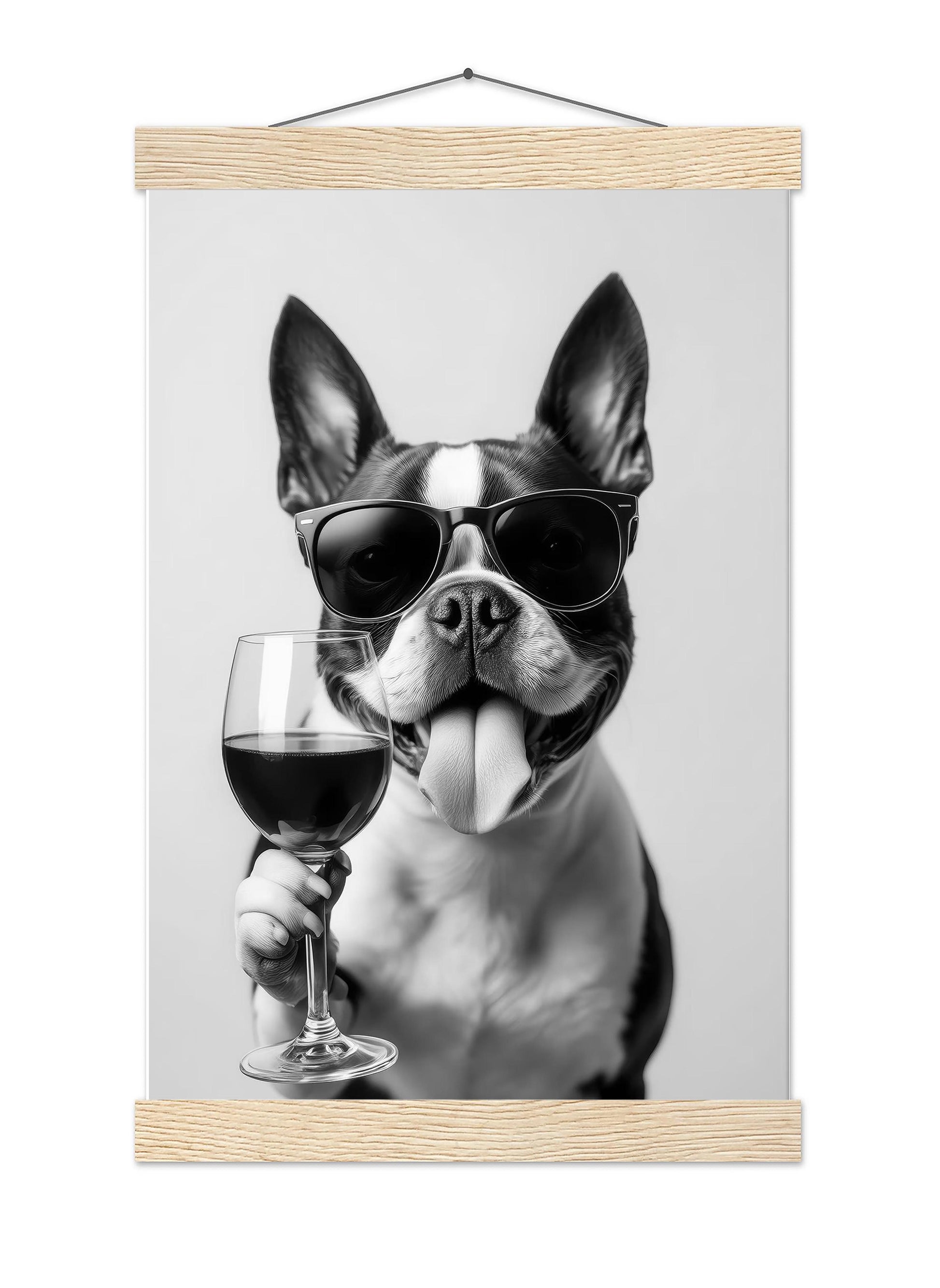 Boston Terrier and Wine Print Bar Cart Print, Funny Dog Poster, Trendy Kitchen Decor - Black and White Wall Art