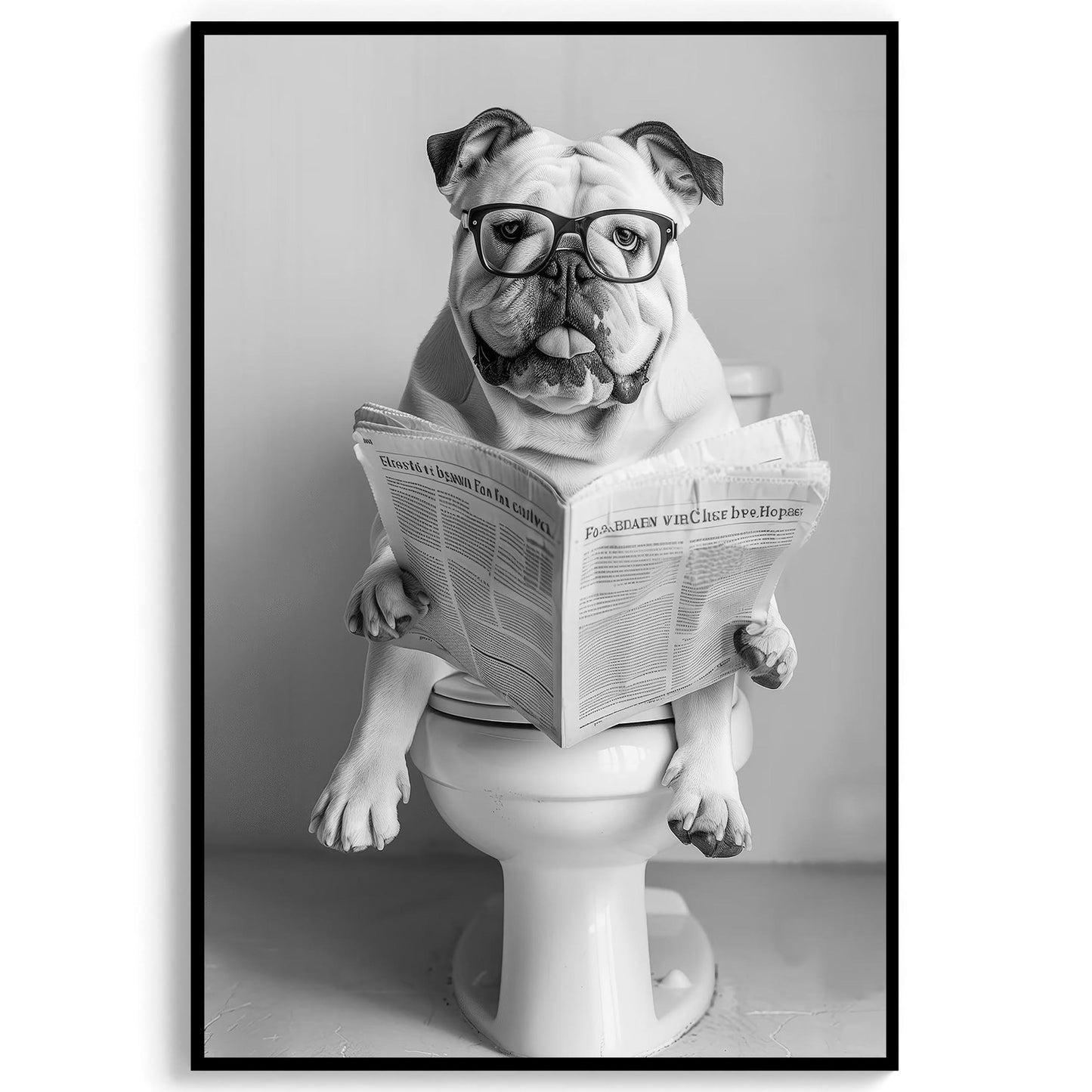 Bulldog Bathroom Wall Art Funny Dog on Toilet Print, English Bulldog Reading Newspaper Poster, Black and White Pet Decor