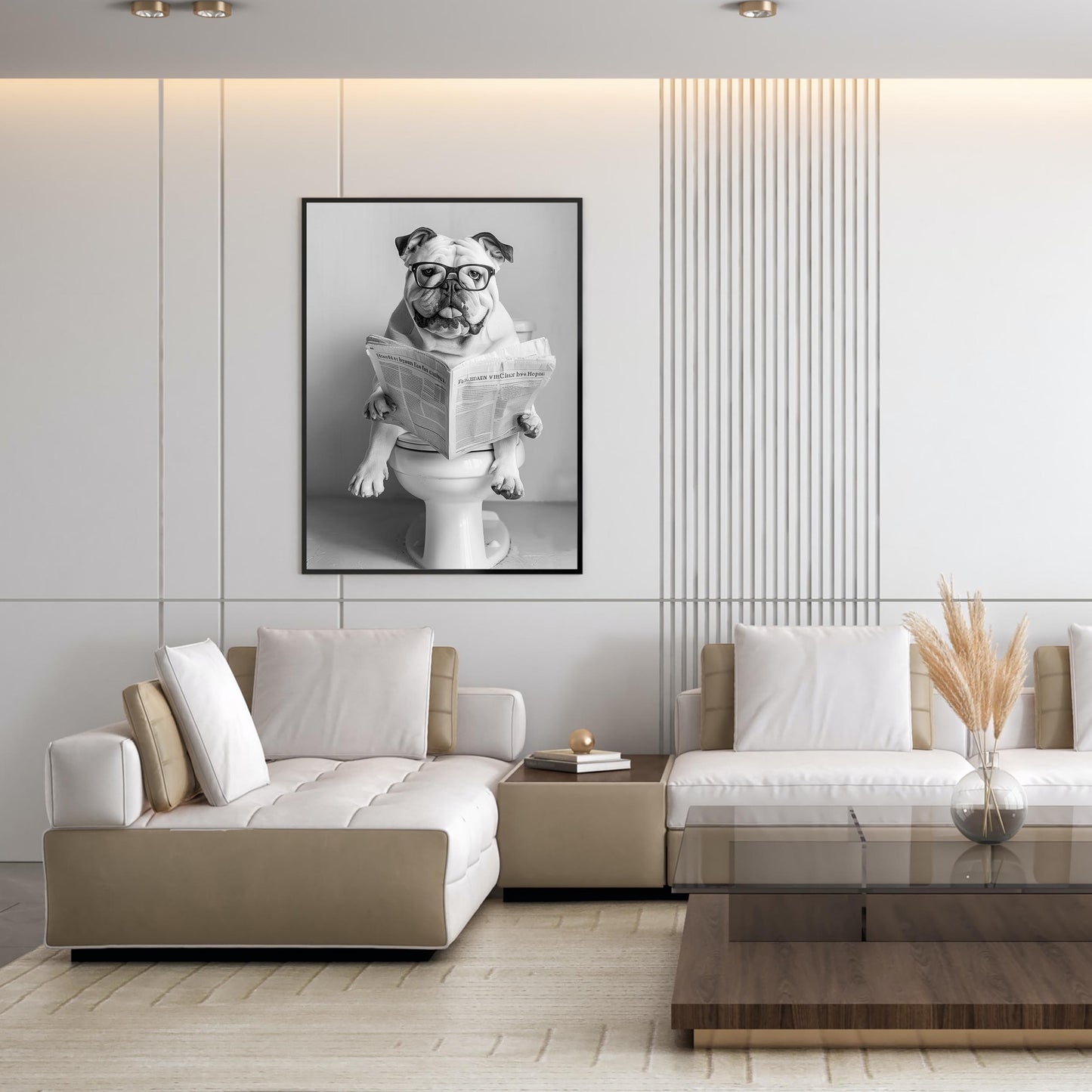 Bulldog Bathroom Wall Art Funny Dog on Toilet Print, English Bulldog Reading Newspaper Poster, Black and White Pet Decor