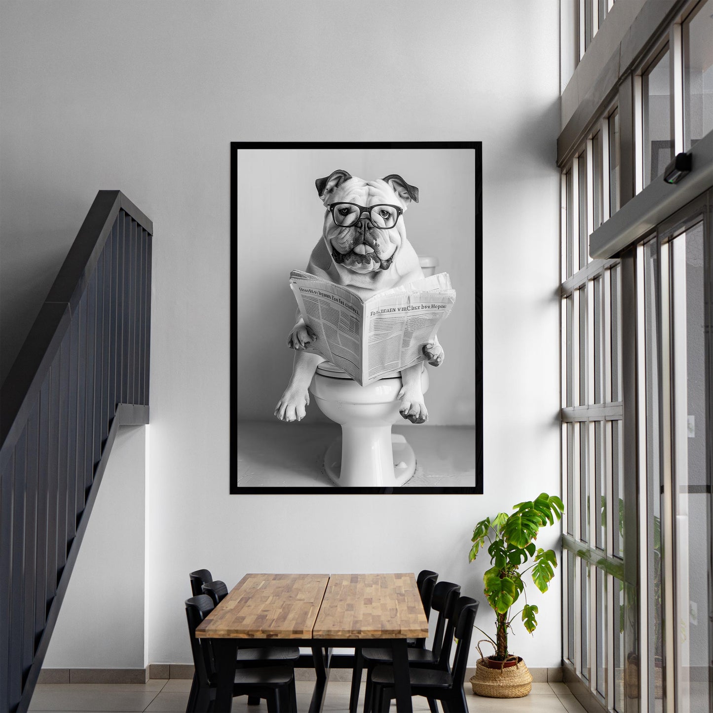Bulldog Bathroom Wall Art Funny Dog on Toilet Print, English Bulldog Reading Newspaper Poster, Black and White Pet Decor
