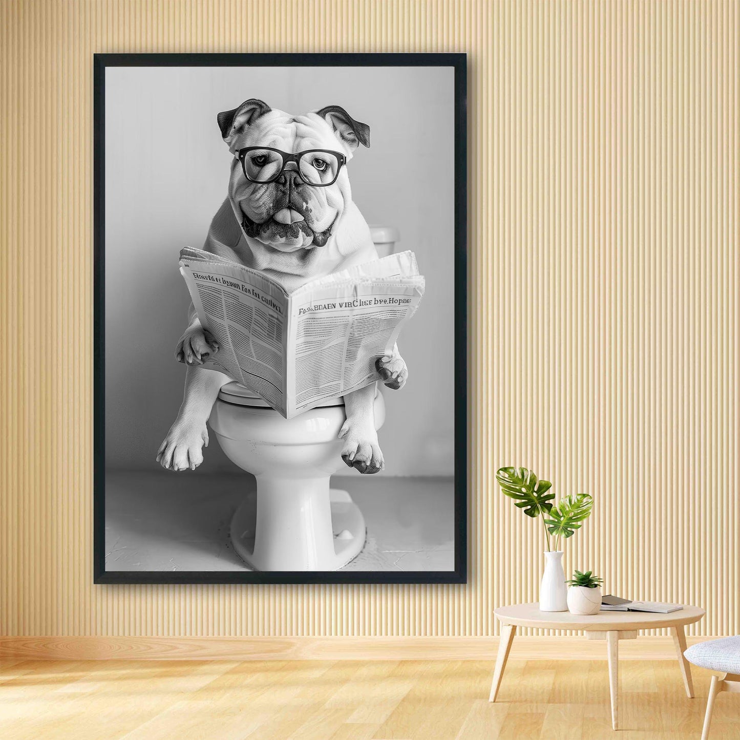 Bulldog Bathroom Wall Art Funny Dog on Toilet Print, English Bulldog Reading Newspaper Poster, Black and White Pet Decor