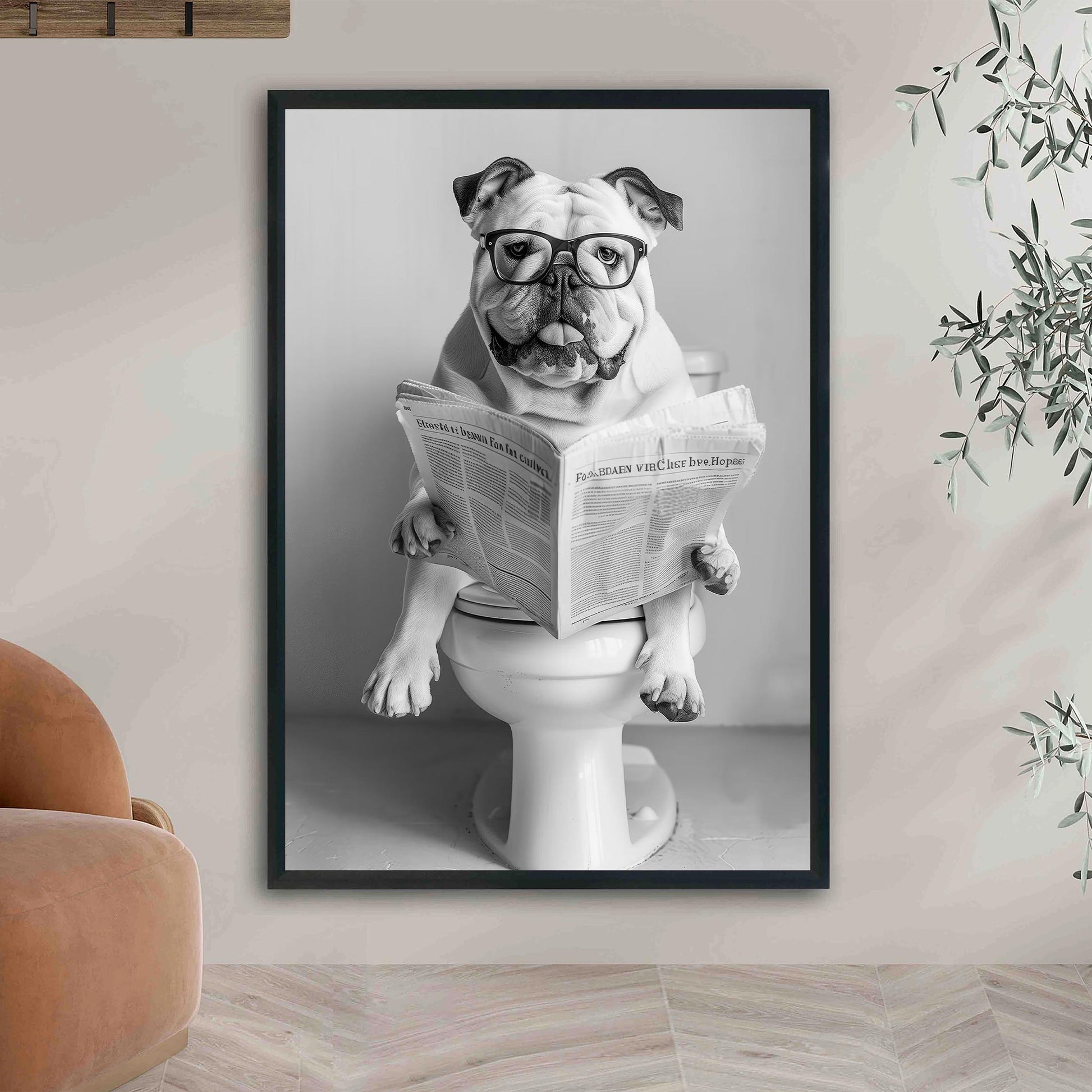 Bulldog Bathroom Wall Art Funny Dog on Toilet Print, English Bulldog Reading Newspaper Poster, Black and White Pet Decor