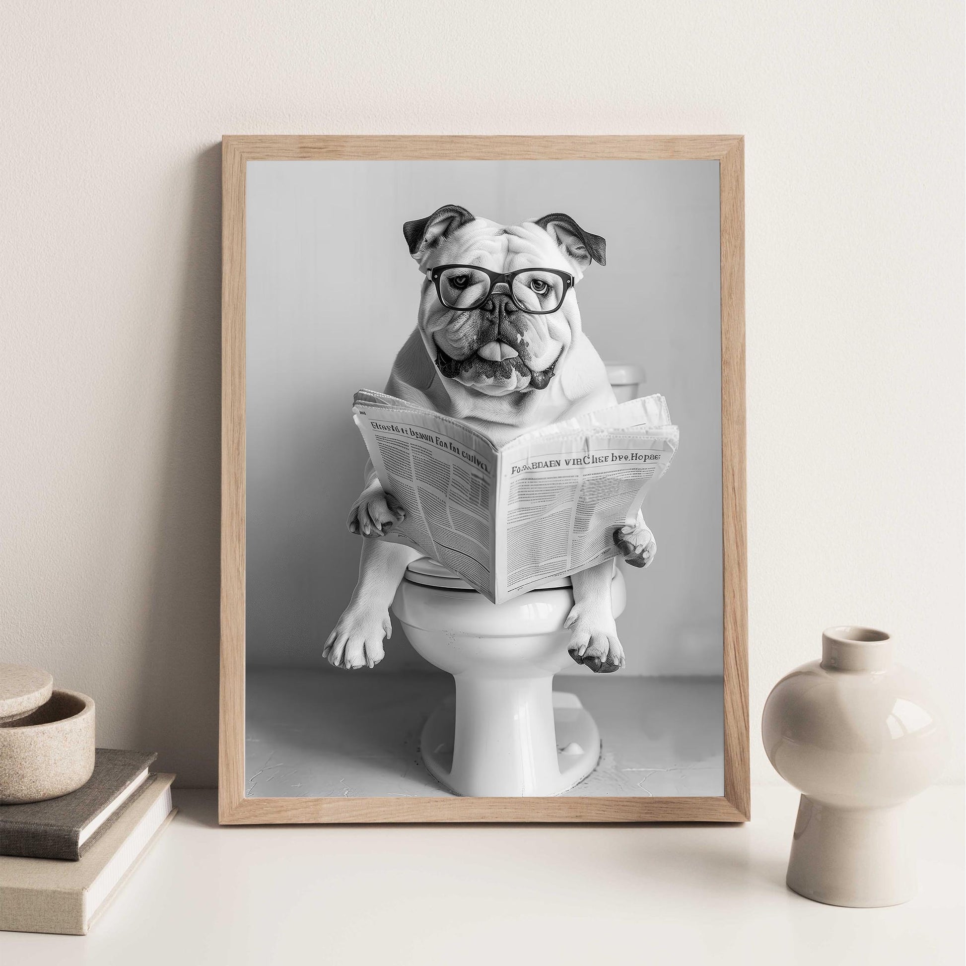 Bulldog Bathroom Wall Art Funny Dog on Toilet Print, English Bulldog Reading Newspaper Poster, Black and White Pet Decor